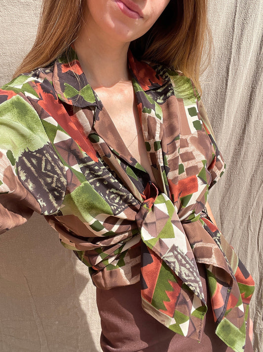 Vintage geometric print oversized blouse – earthy silk blend, retro boho style, abstract patch shirt, 80s top, artsy wear