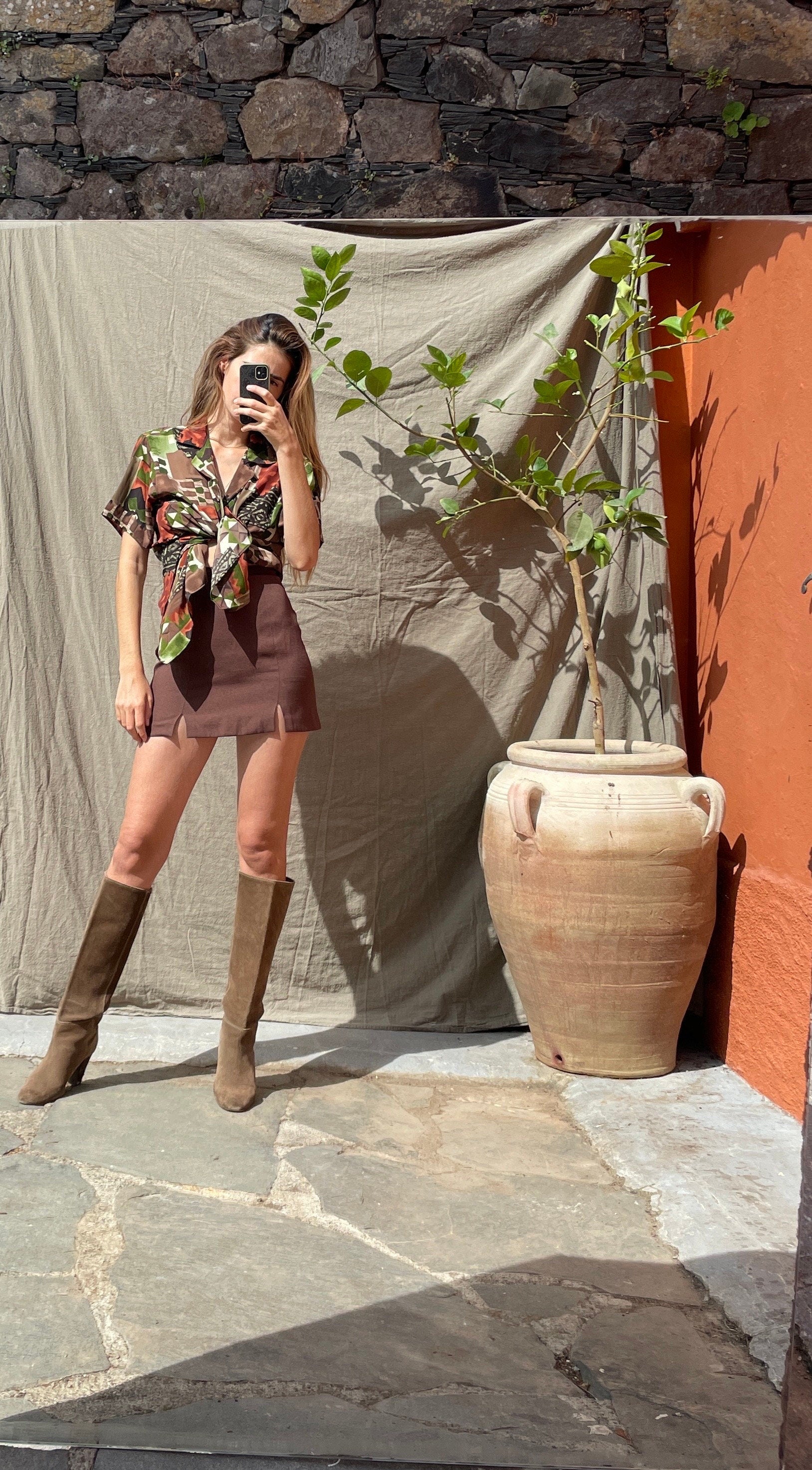 Vintage geometric print oversized blouse – earthy silk blend, retro boho style, abstract patch shirt, 80s top, artsy wear