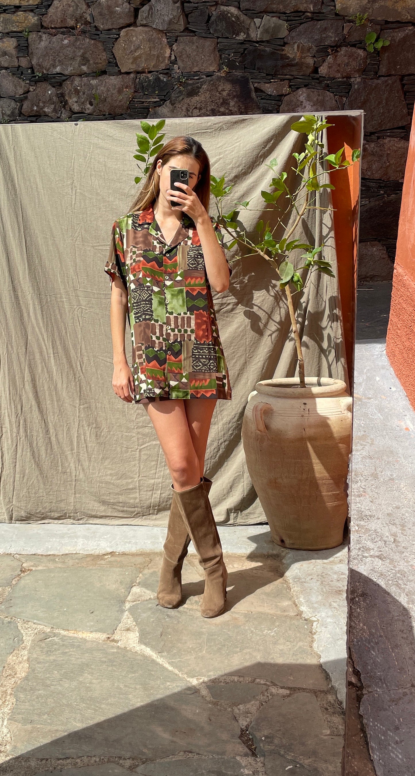 Vintage geometric print oversized blouse – earthy silk blend, retro boho style, abstract patch shirt, 80s top, artsy wear