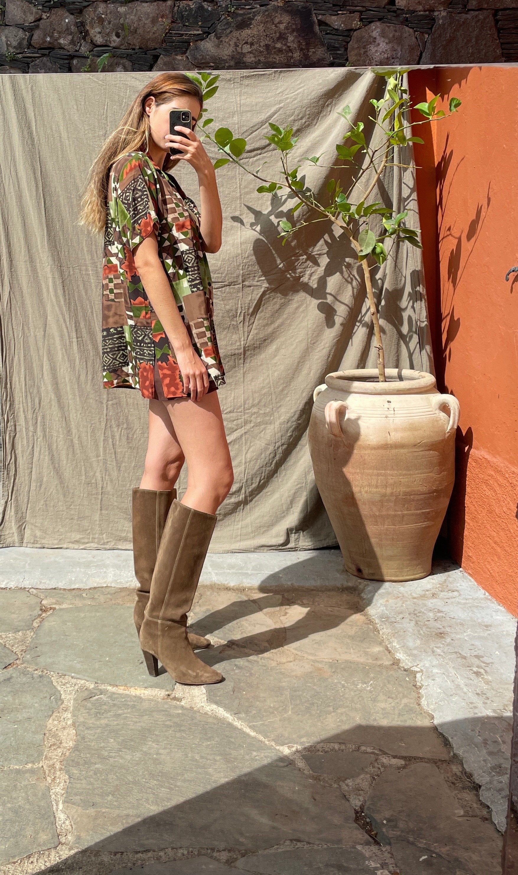 Vintage geometric print oversized blouse – earthy silk blend, retro boho style, abstract patch shirt, 80s top, artsy wear