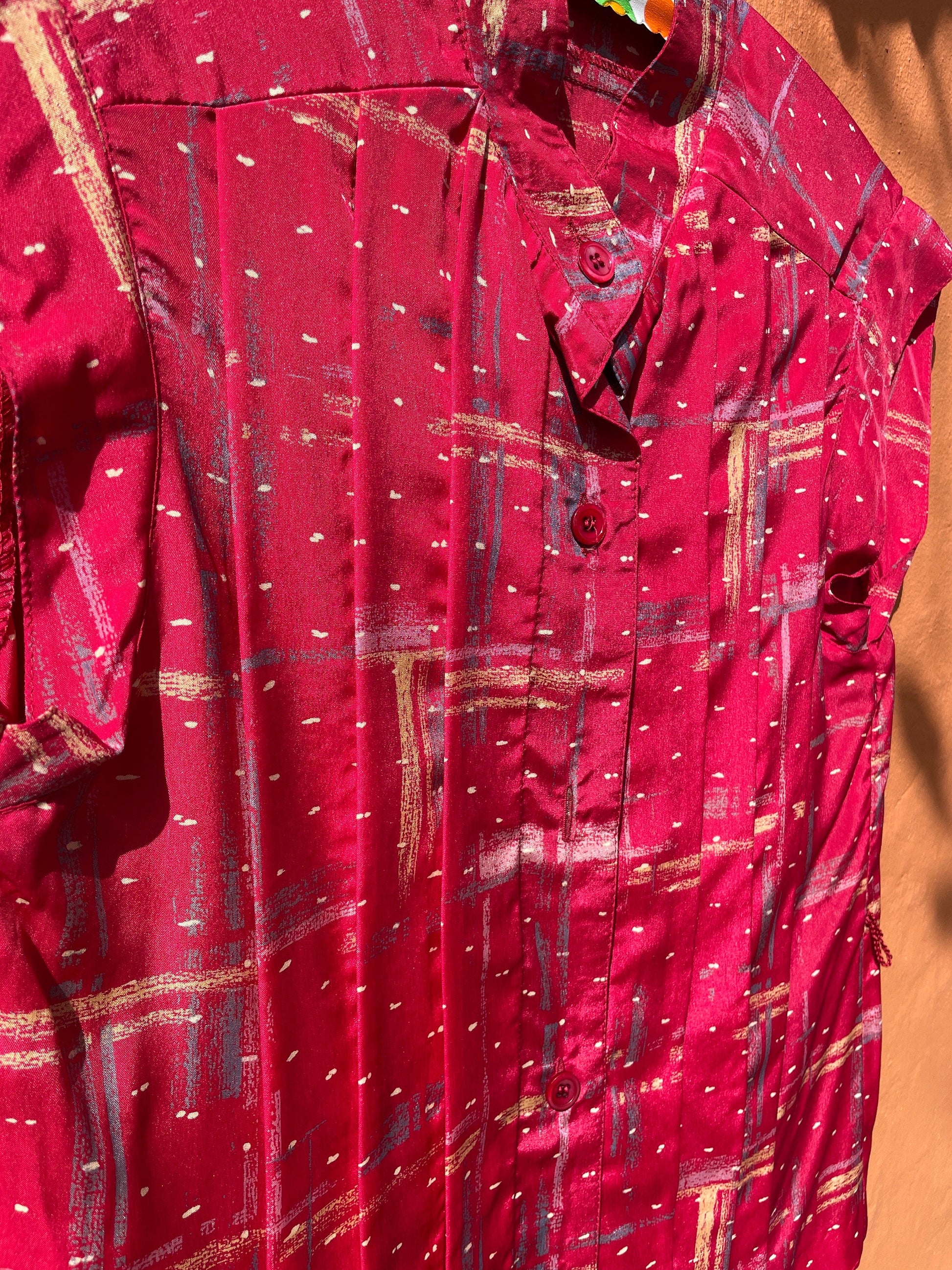 80s Vintage Cap Sleeve Blouse with Unique Pattern, Red vibrant summer button up shirt