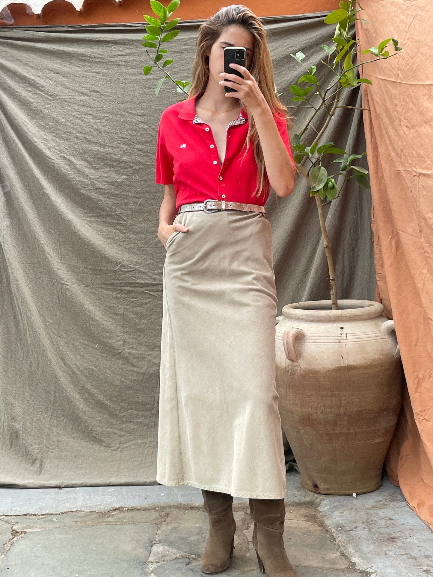 Vintage Burberry red polo shirt – check collar, logo detail, size M-L, Y2K designer button top