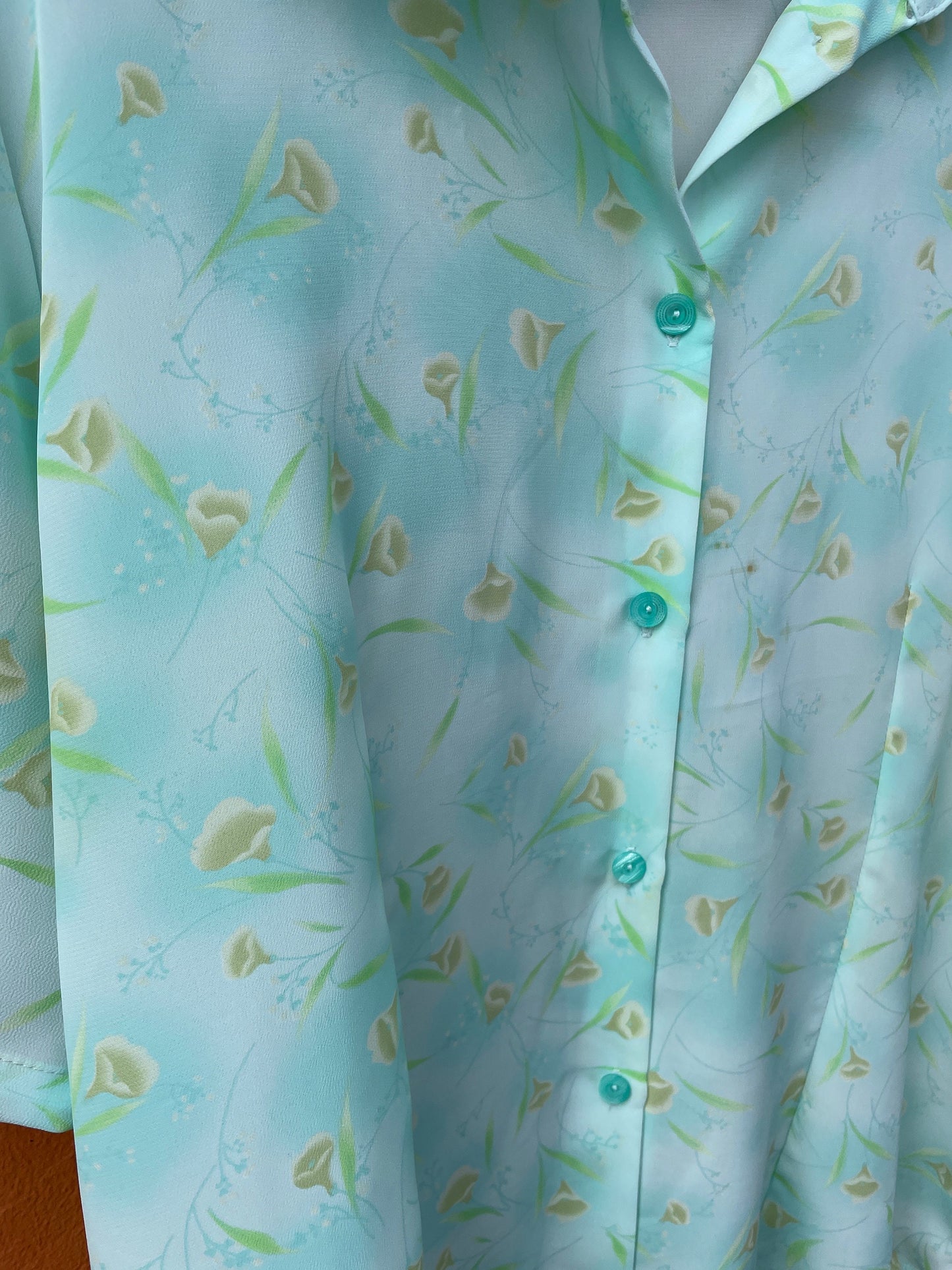 Turquoise Floral Vintage Blouse, Oversized woman clothing, Loose knot tie button up shirt, Retro fashion style