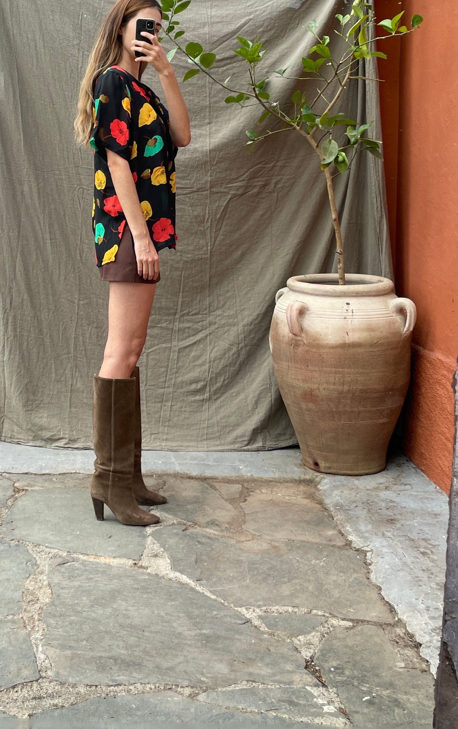 Vintage knot tie wrap blouse, Cute short sleeve summer shirt, Loose oversized blouse, 90s Black Floral Print Sheer Blouse, Crop top