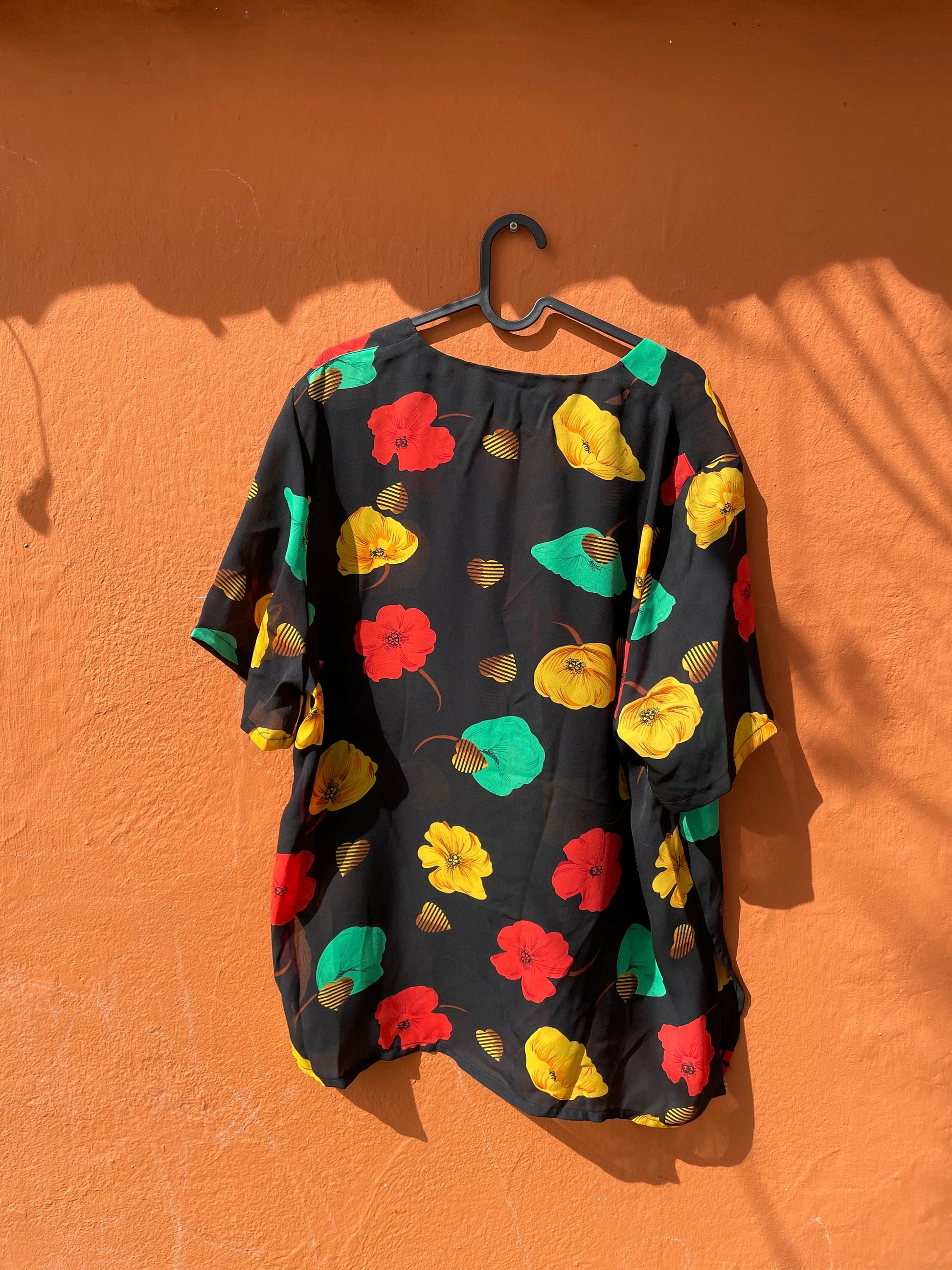 Vintage knot tie wrap blouse, Cute short sleeve summer shirt, Loose oversized blouse, 90s Black Floral Print Sheer Blouse, Crop top