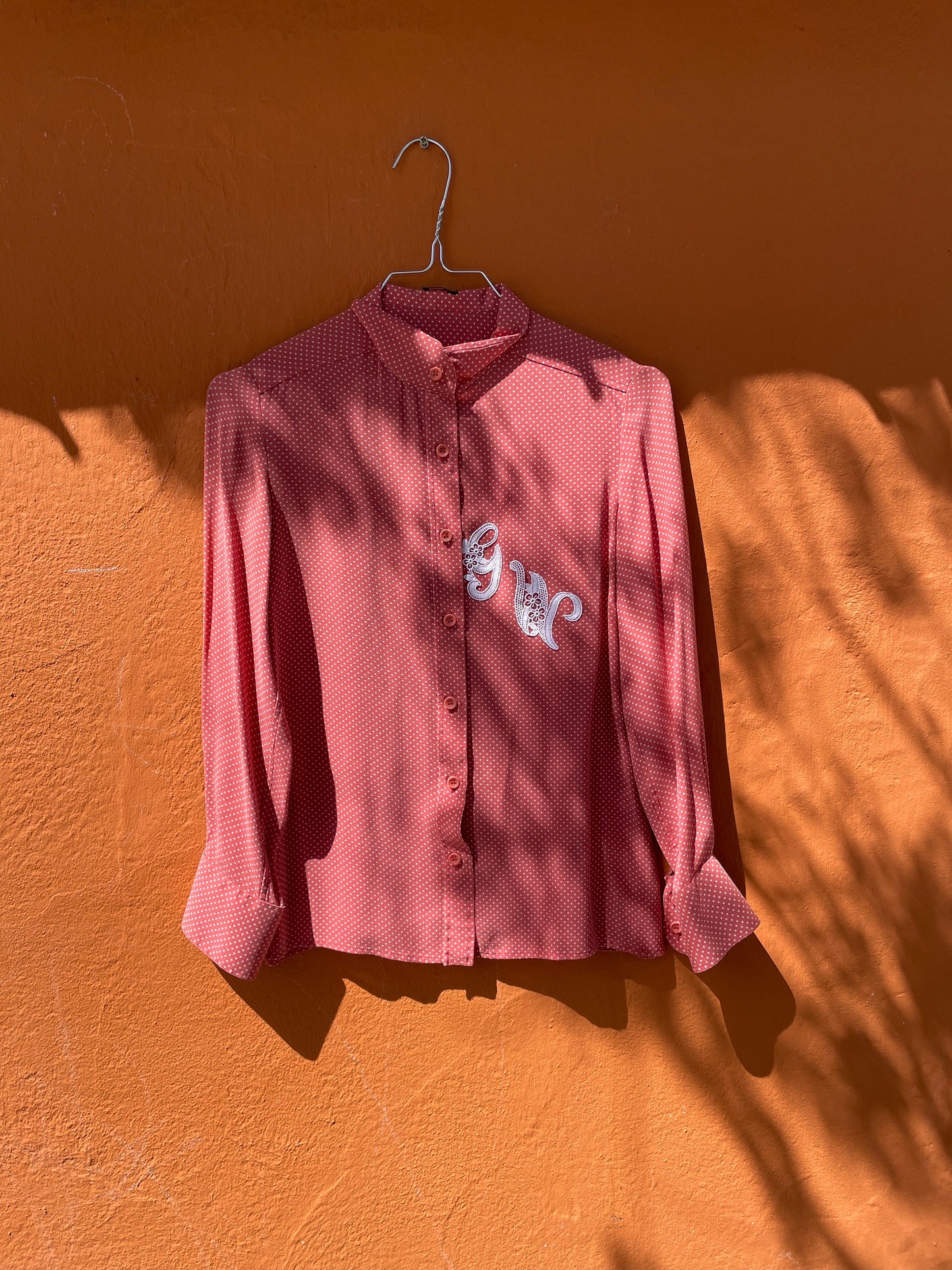 Vintage Pink Polka Dot Blouse with Lace Monogram, Romantic Cottagecore Style, Retro Button-Up Shirt