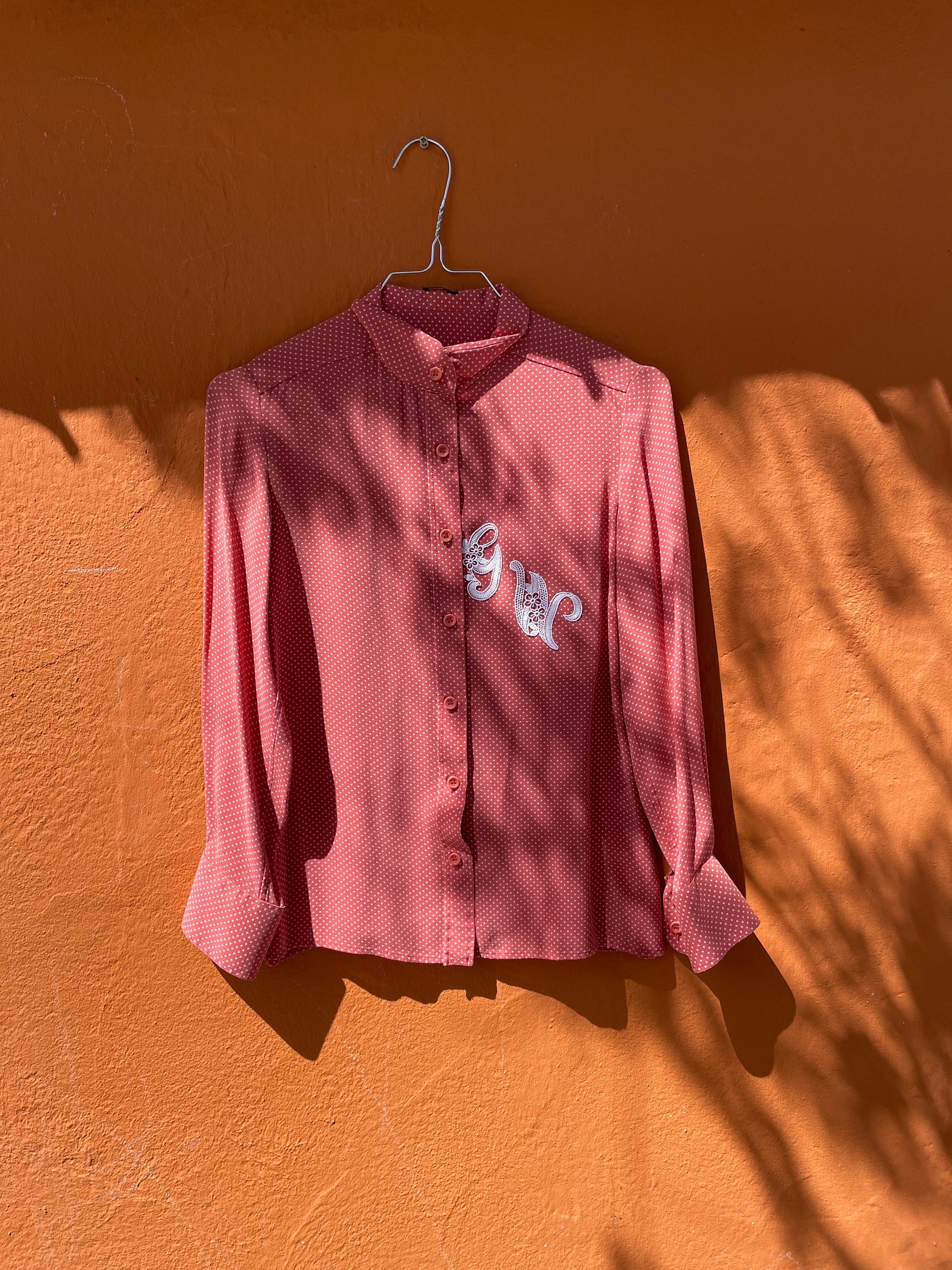 Vintage Pink Polka Dot Blouse with Lace Monogram, Romantic Cottagecore Style, Retro Button-Up Shirt