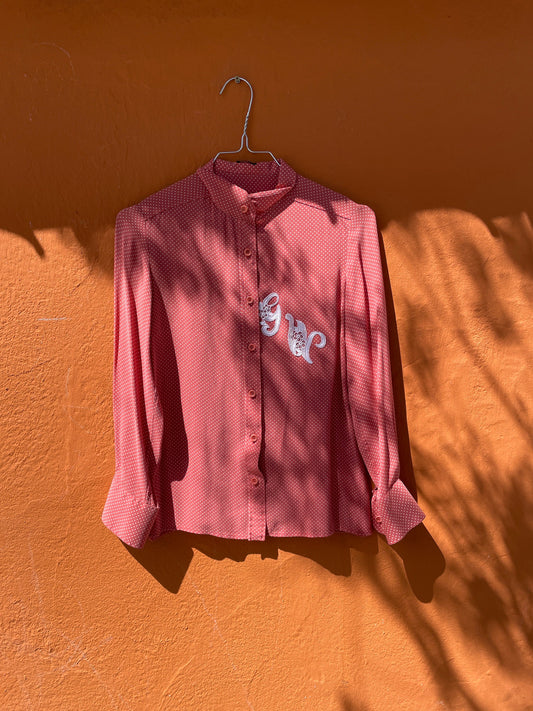 Vintage Pink Polka Dot Blouse with Lace Monogram, Romantic Cottagecore Style, Retro Button-Up Shirt