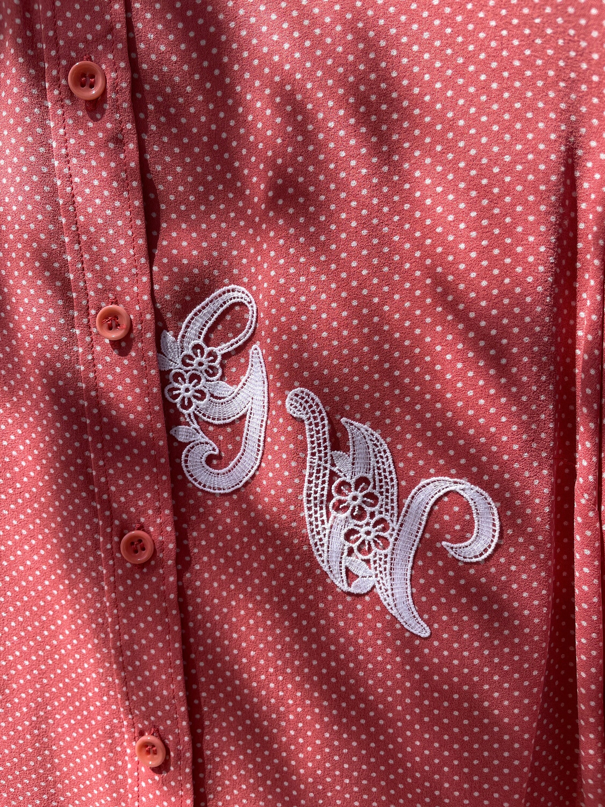 Vintage Pink Polka Dot Blouse with Lace Monogram, Romantic Cottagecore Style, Retro Button-Up Shirt
