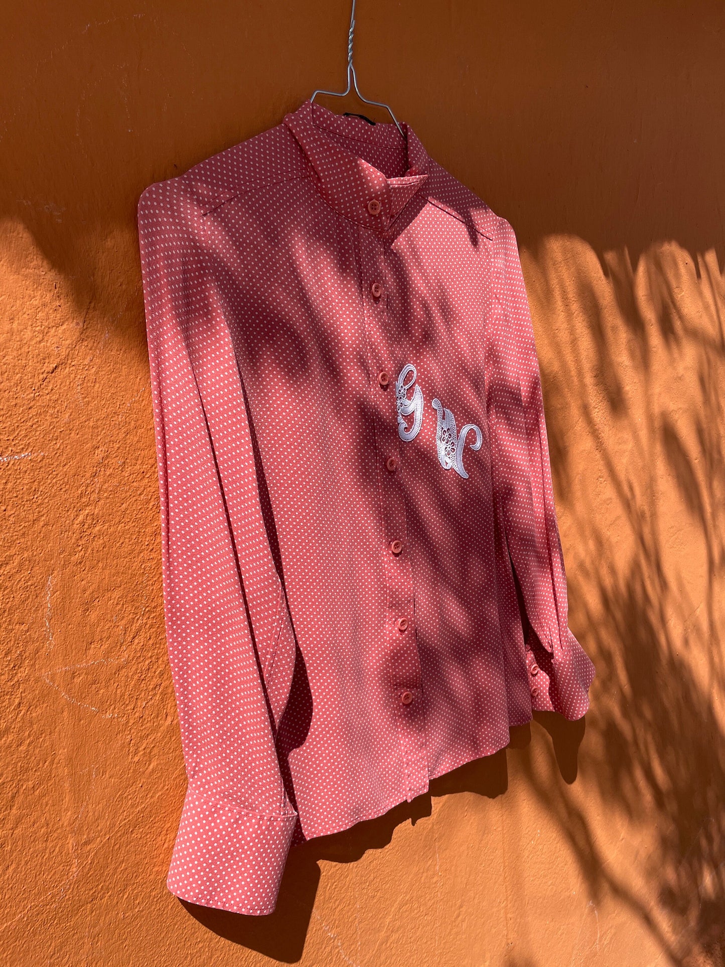 Vintage Pink Polka Dot Blouse with Lace Monogram, Romantic Cottagecore Style, Retro Button-Up Shirt