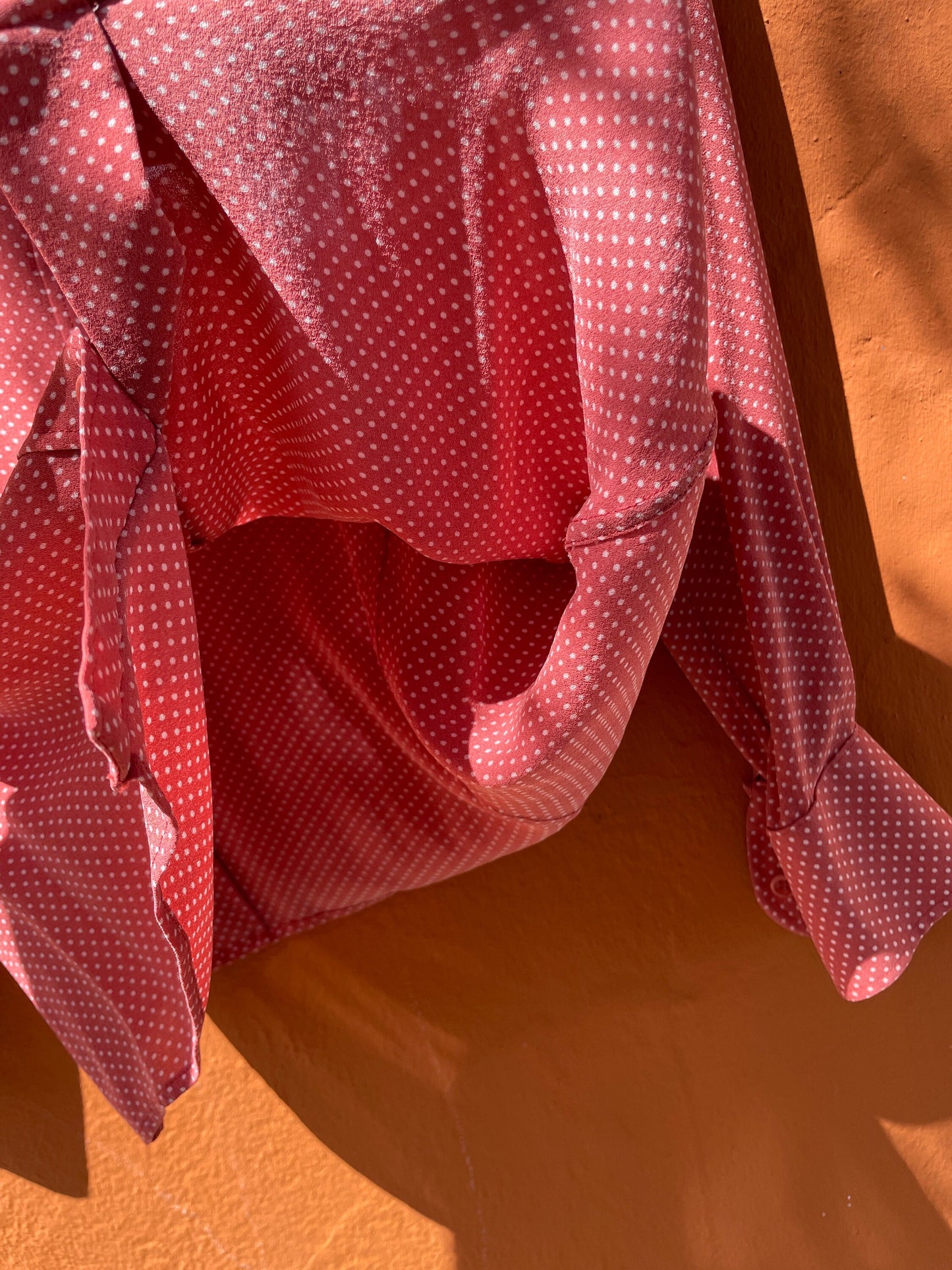 Vintage Pink Polka Dot Blouse with Lace Monogram, Romantic Cottagecore Style, Retro Button-Up Shirt