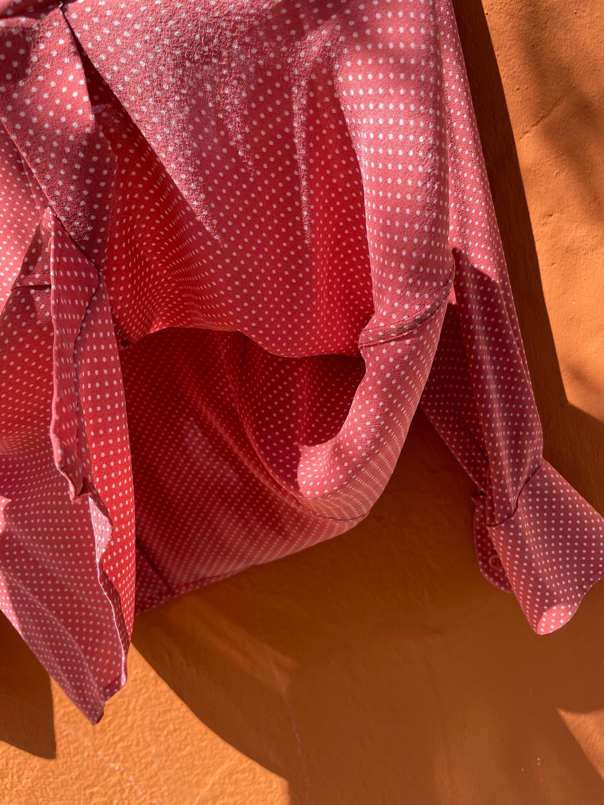 Vintage Pink Polka Dot Blouse with Lace Monogram, Romantic Cottagecore Style, Retro Button-Up Shirt