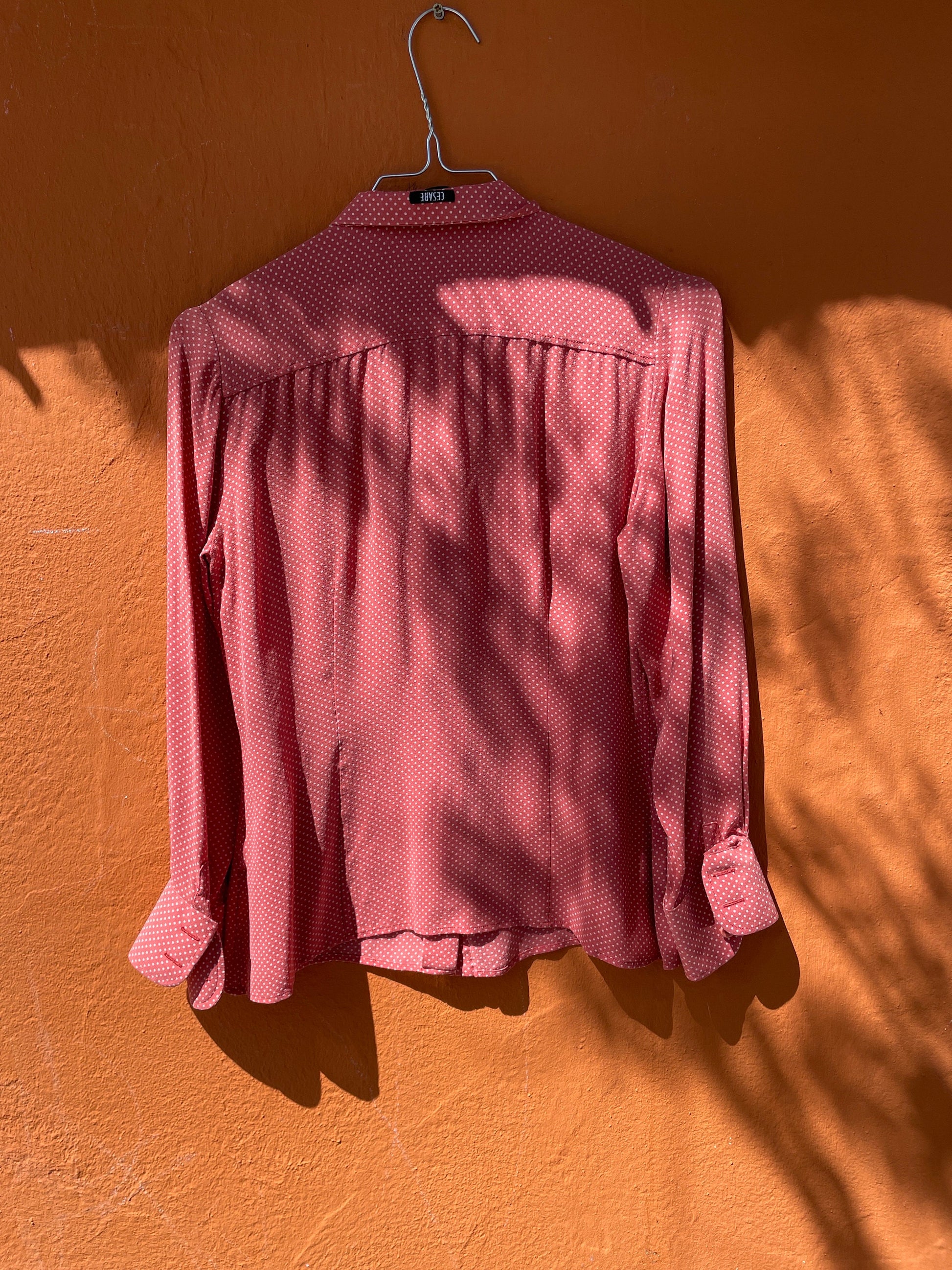 Vintage Pink Polka Dot Blouse with Lace Monogram, Romantic Cottagecore Style, Retro Button-Up Shirt