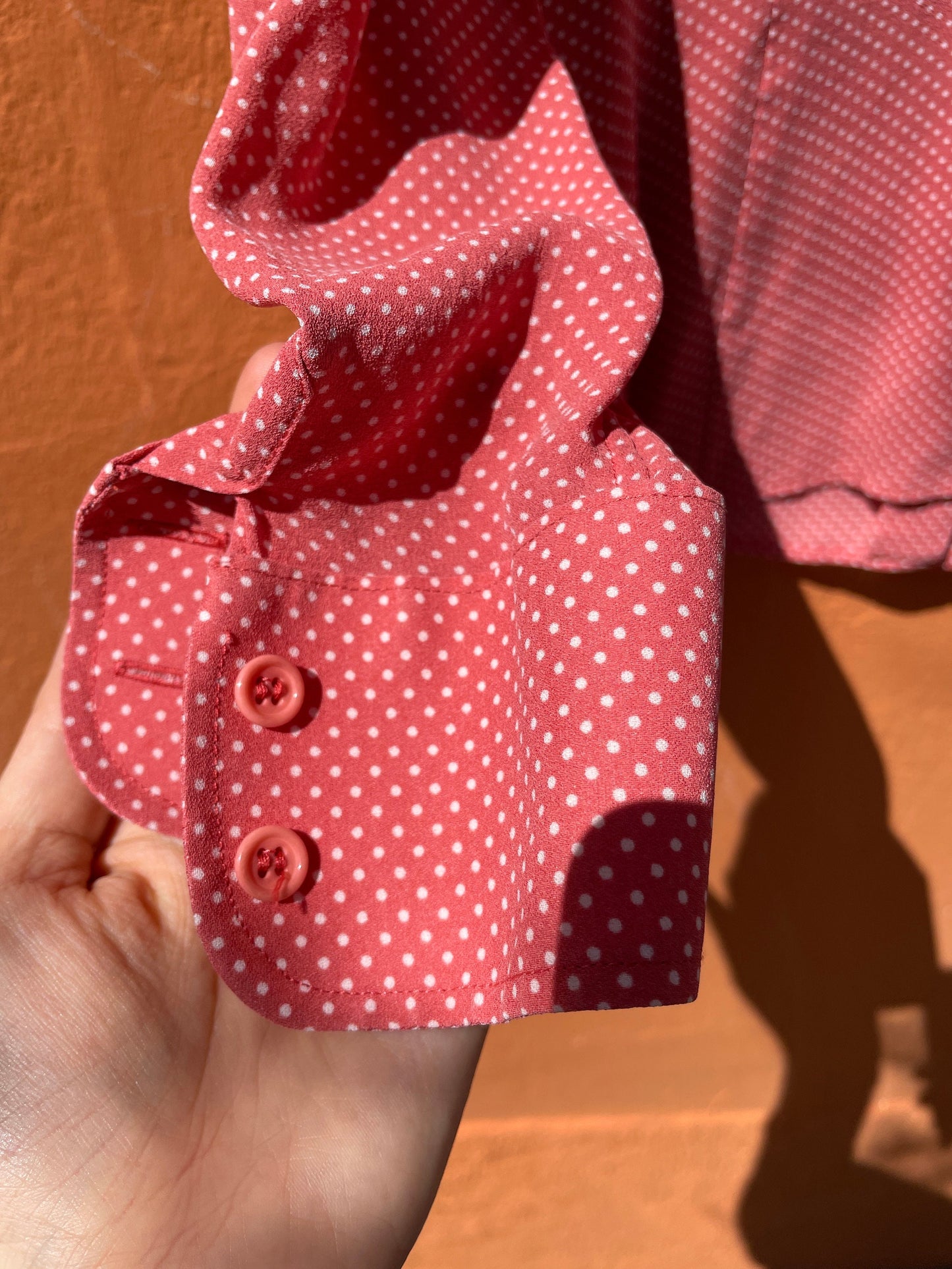 Vintage Pink Polka Dot Blouse with Lace Monogram, Romantic Cottagecore Style, Retro Button-Up Shirt