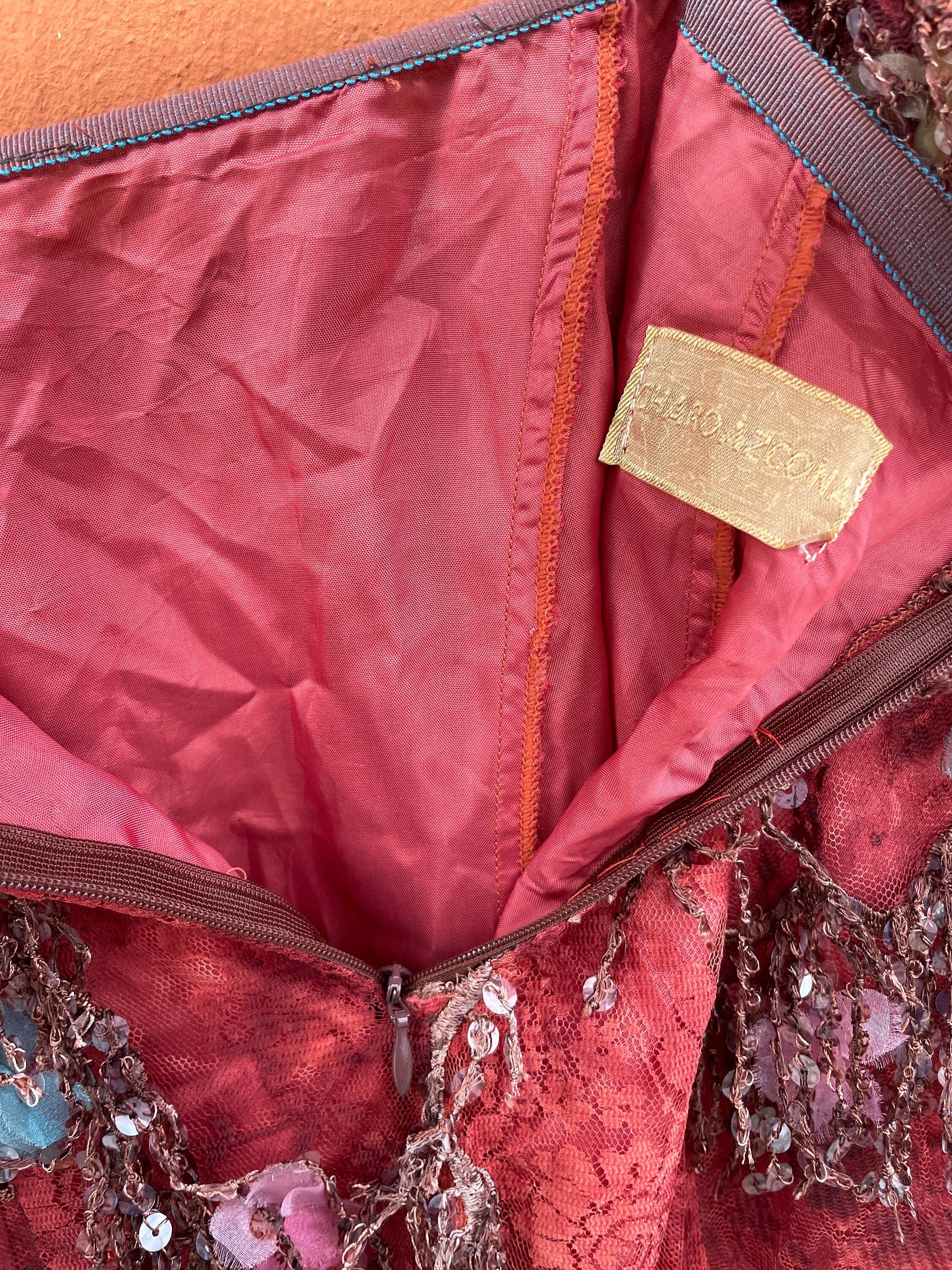 Vintage Charo Azcona Wine Red High-Waist Skirt with Lace and Sequin Embellishments, Formal event Spanish designer skirt