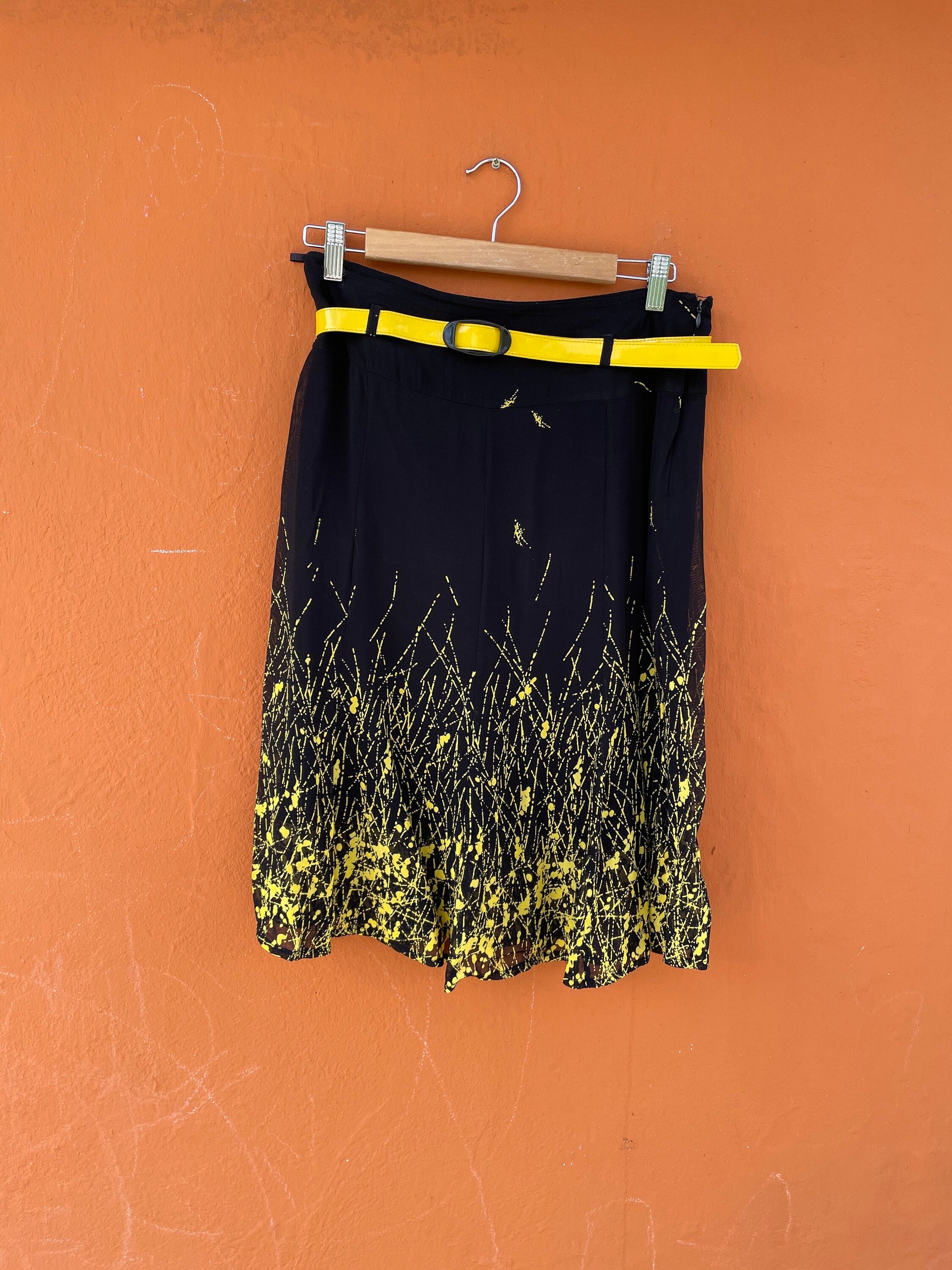 Vintage Black Skirt with Abstract Yellow Splash and Belt - Summer Chic