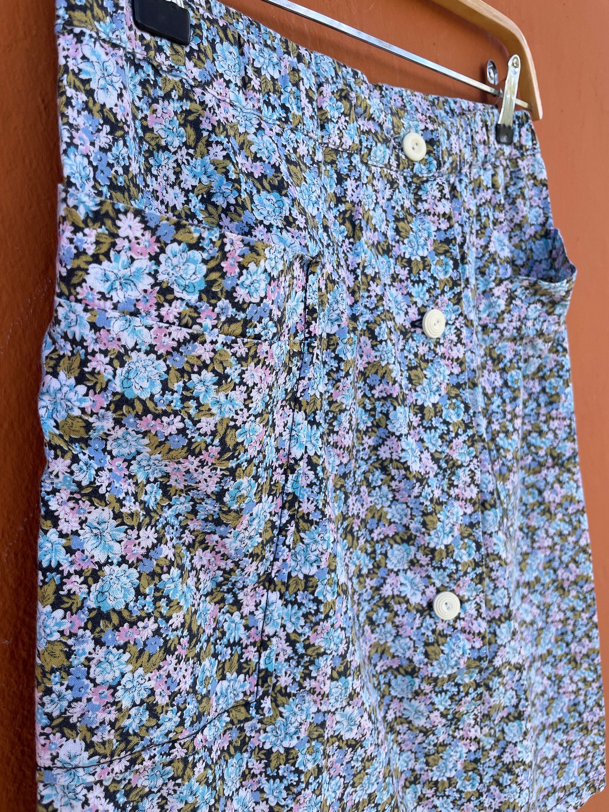 Handmade Blue Floral Vintage Skirt with Pockets