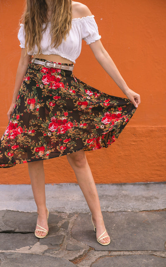 Chic Black Floral Rose Print Summer Skirt - Sheer midi skirt Elastic Waist, Lightweight & Flowy