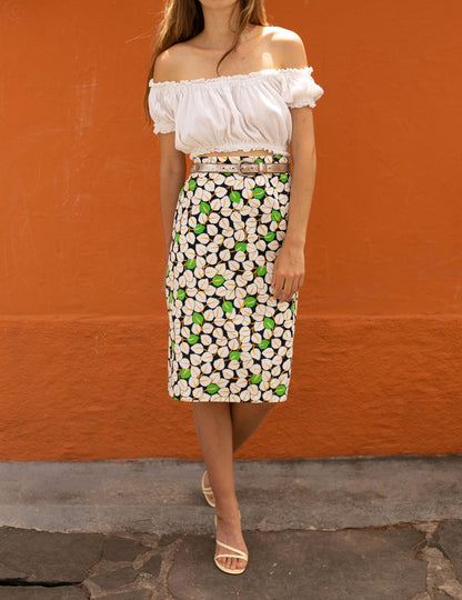 Vintage Blue Pencil Skirt With Leaf Pattern — additional view 5
