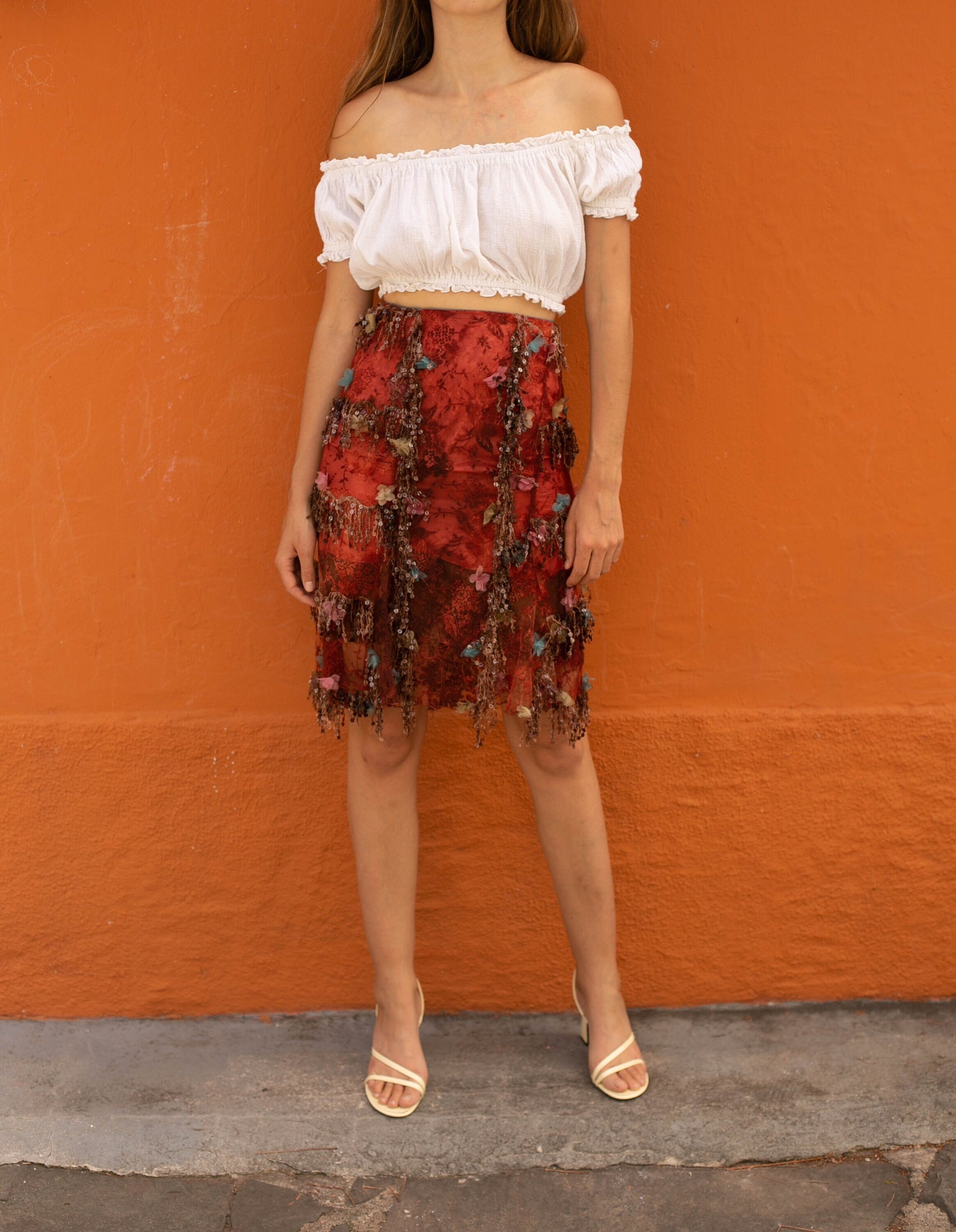 Vintage Charo Azcona Wine Red High-Waist Skirt with Lace and Sequin Embellishments, Formal event Spanish designer skirt