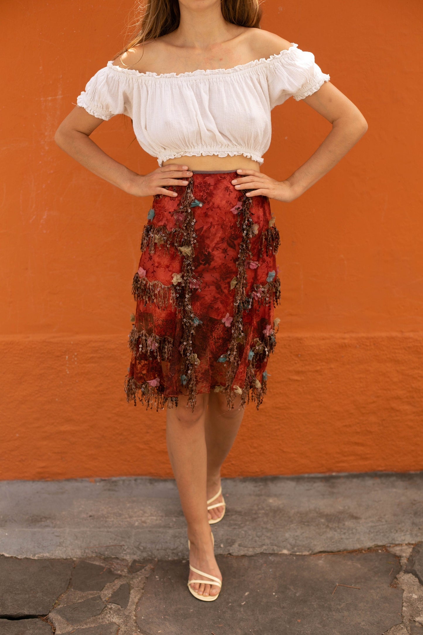 Vintage Charo Azcona Wine Red High-Waist Skirt with Lace and Sequin Embellishments, Formal event Spanish designer skirt