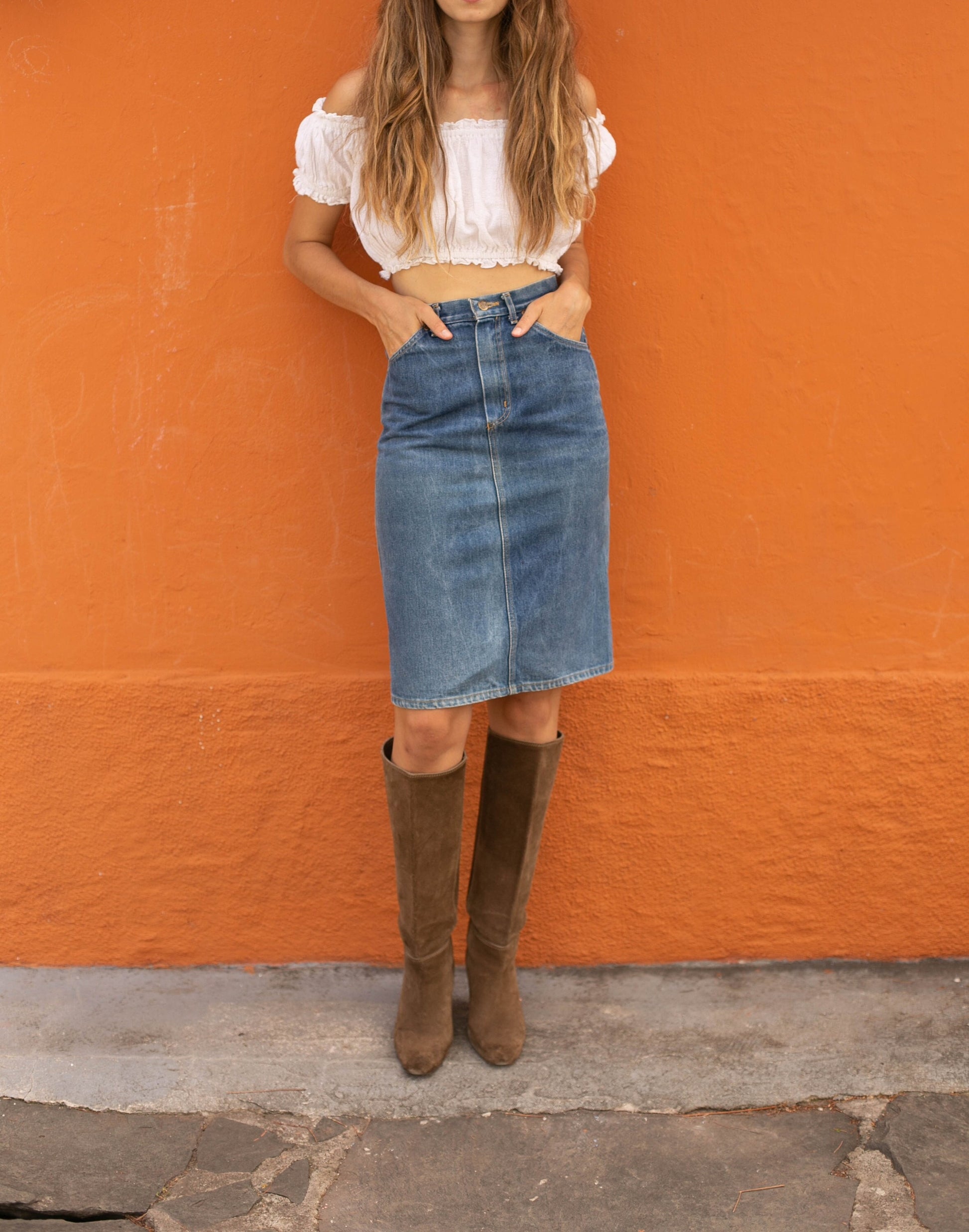 Vintage High Waist Denim Skirt by Rifle, Classic Blue Jean Skirt, 80s 90s Fashion, Size Small