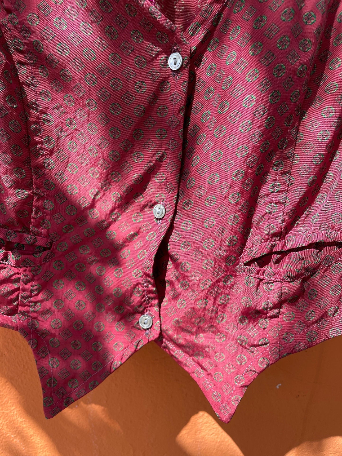 Vintage Italian Lightweight Gilet, Burgundy Geometric Pattern, Dark Academia Style, Made in Italy