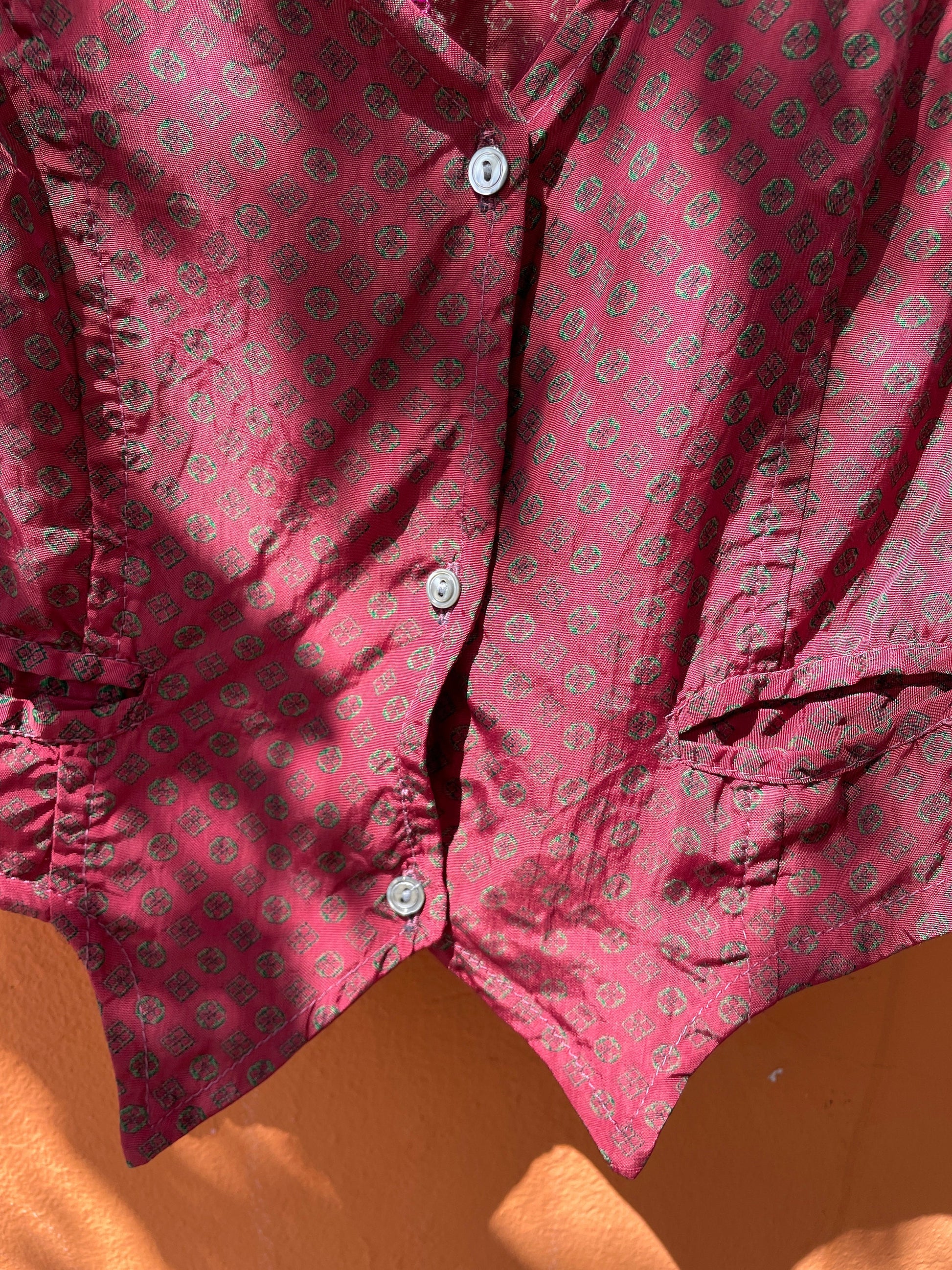 Vintage Italian Lightweight Gilet, Burgundy Geometric Pattern, Dark Academia Style, Made in Italy