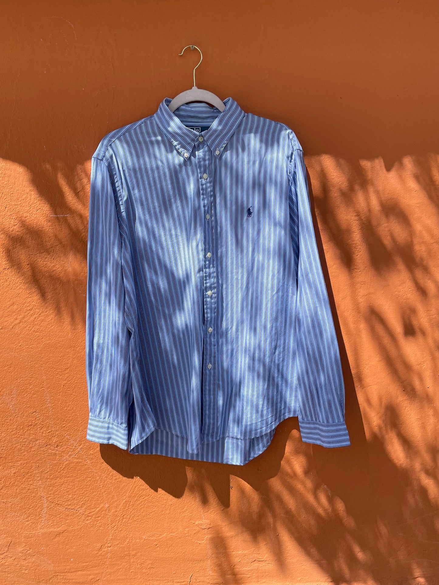 Vintage Polo Ralph Lauren Men's Button-Up Shirt, Striped Light Blue Navy White, Versatile Custom Fit, Oversized preppy smart woman outfit