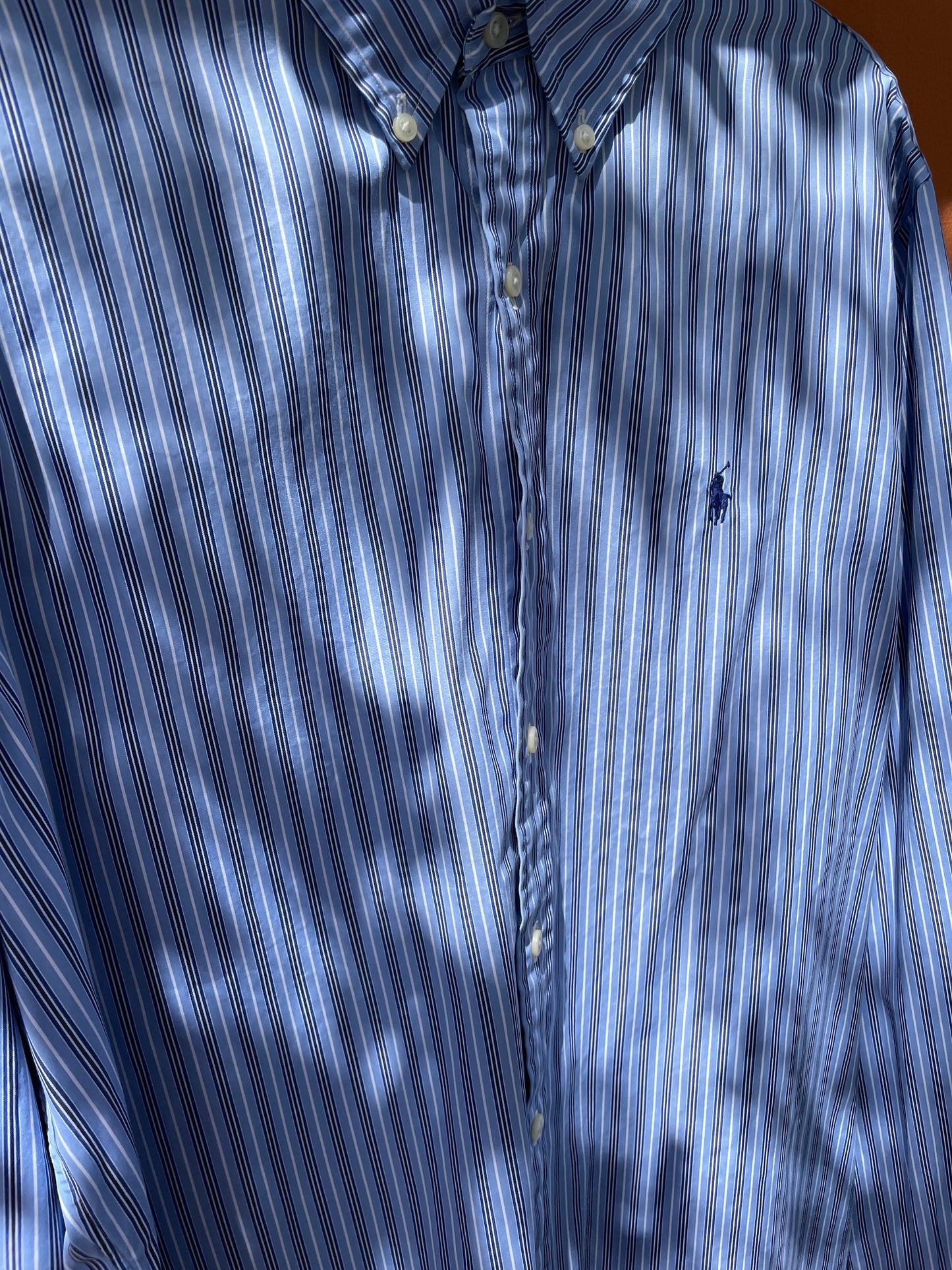 Vintage Polo Ralph Lauren Men's Button-Up Shirt, Striped Light Blue Navy White, Versatile Custom Fit, Oversized preppy smart woman outfit