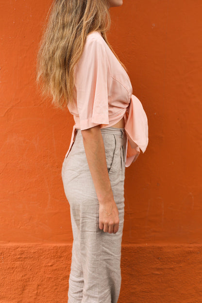 Vintage Soft Pink Button-Up Blouse — fabric close-up