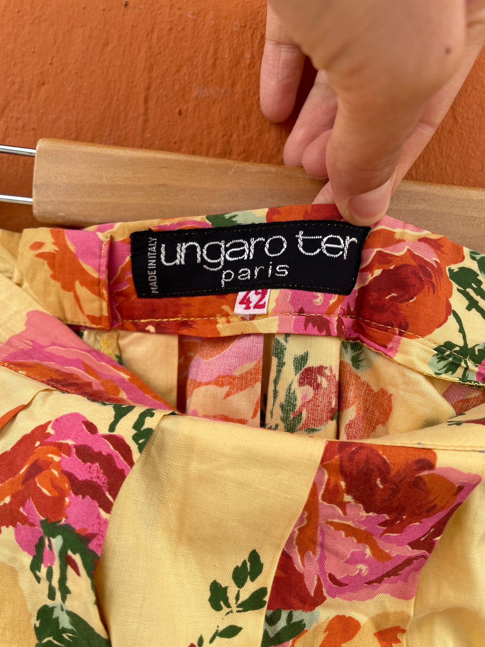 Retro yellow floral midi high waist skirt, Vintage Ungaro Ter Paris pleated wedding guest skirt, Summer picnic designer wear, Made in Italy