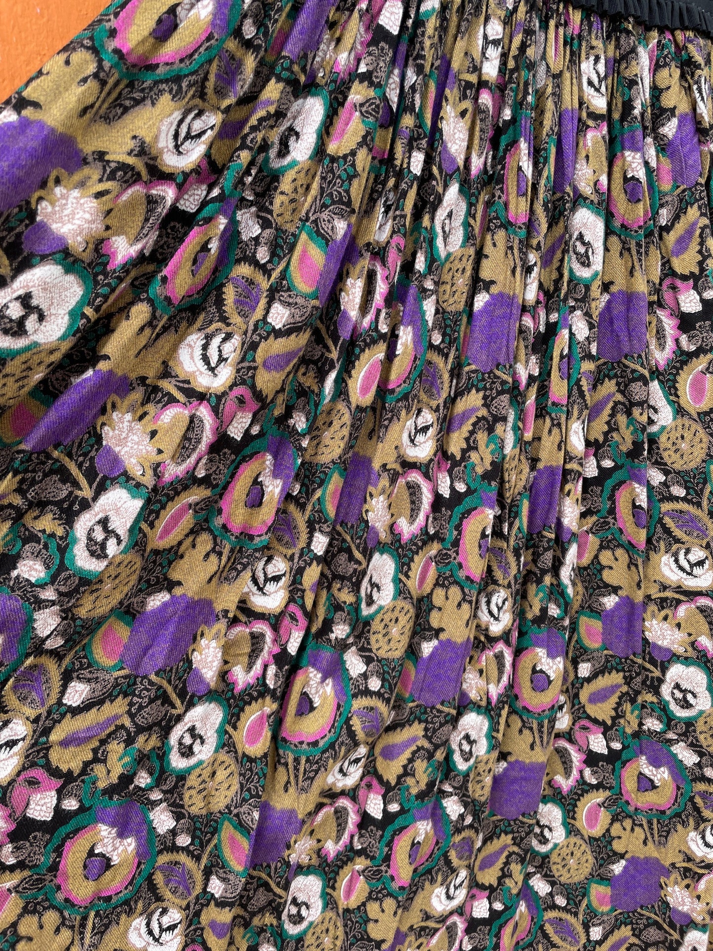 Vintage Boho Floral Skirt with Black High Waistband