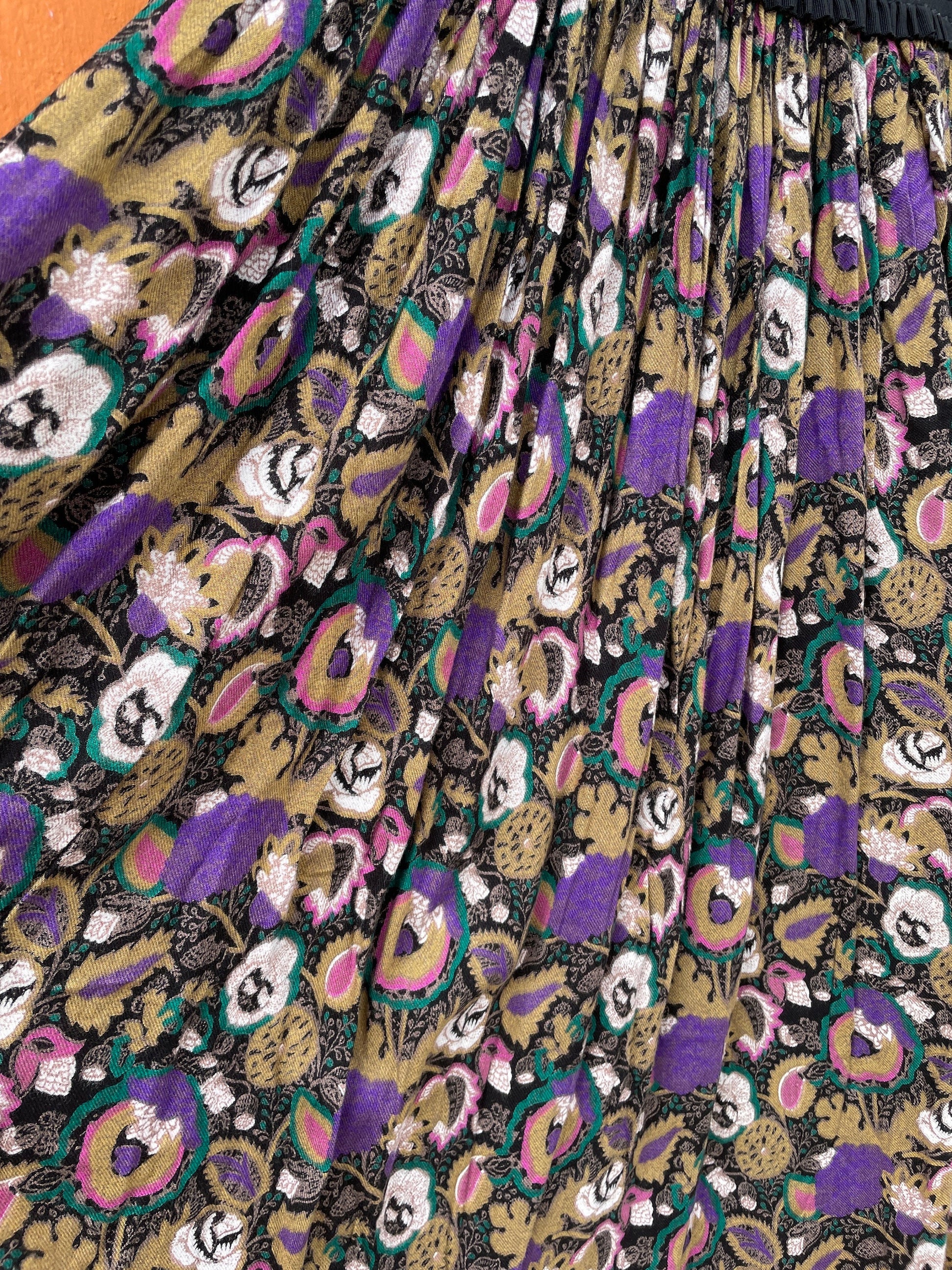 Vintage Boho Floral Skirt with Black High Waistband