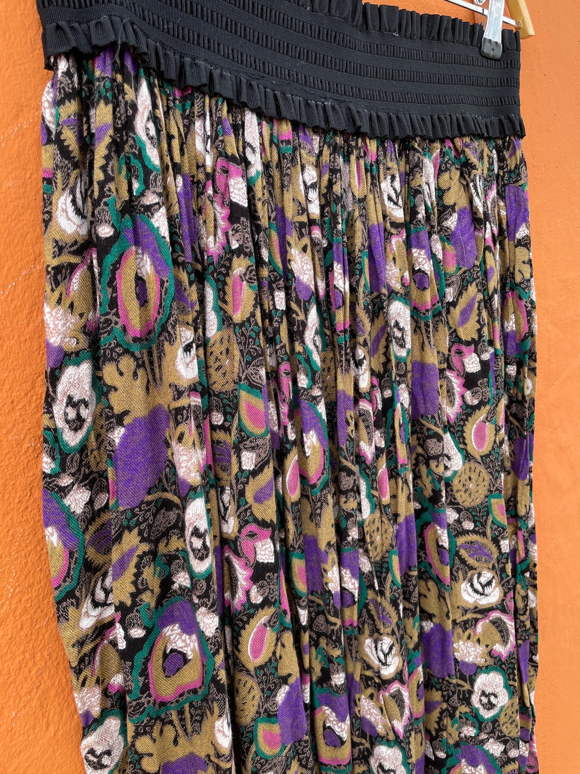 Vintage Boho Floral Skirt with Black High Waistband