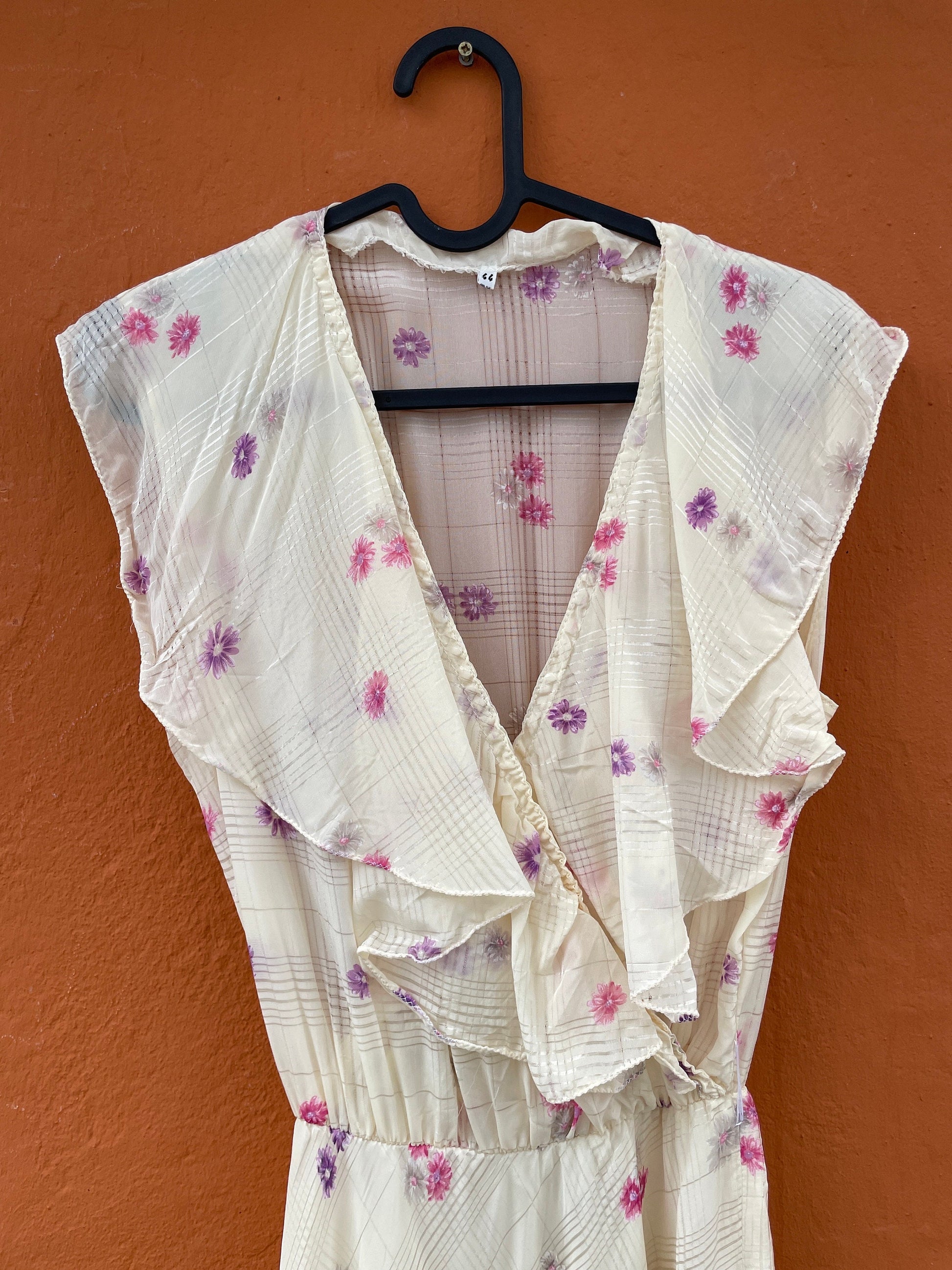 Vintage Handmade Floral Midi Dress with Ruffled V-Neckline, Wedding guest pastel dress,