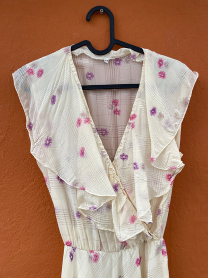 Vintage Handmade Floral Midi Dress with Ruffled V-Neckline, Wedding guest pastel dress,