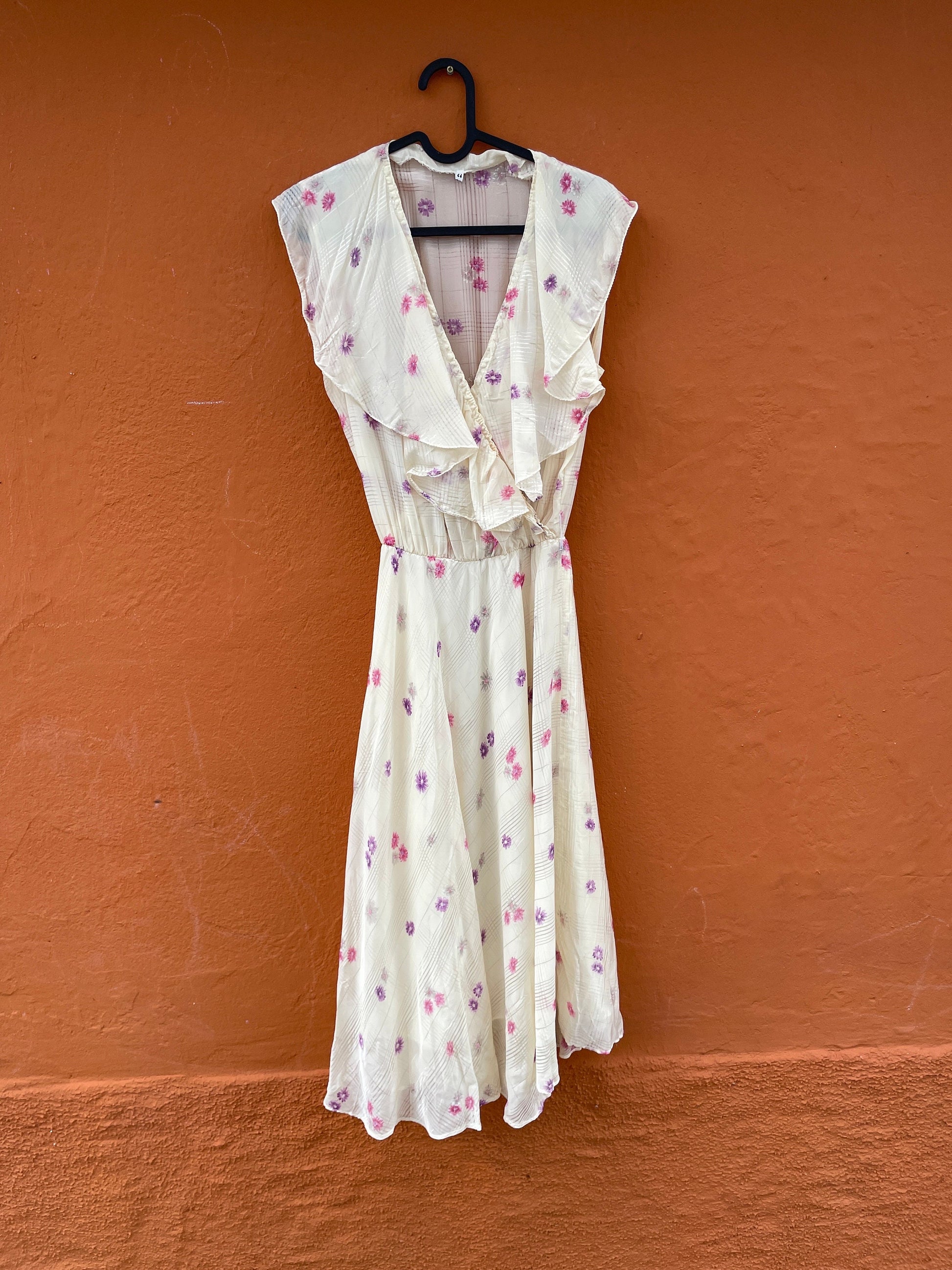 Vintage Handmade Floral Midi Dress with Ruffled V-Neckline, Wedding guest pastel dress,