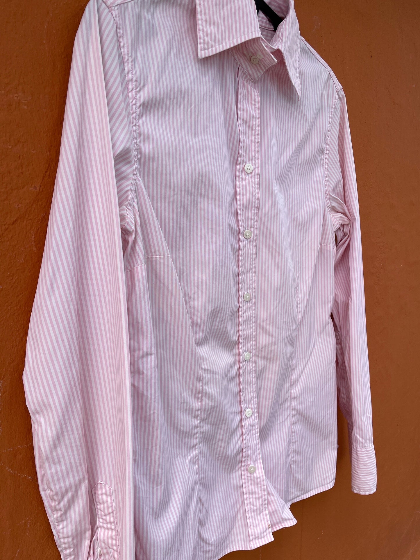 Massimo Dutti pink striped woman button up shirt, Elegant girl boss blouse, Smart oxford shirt,