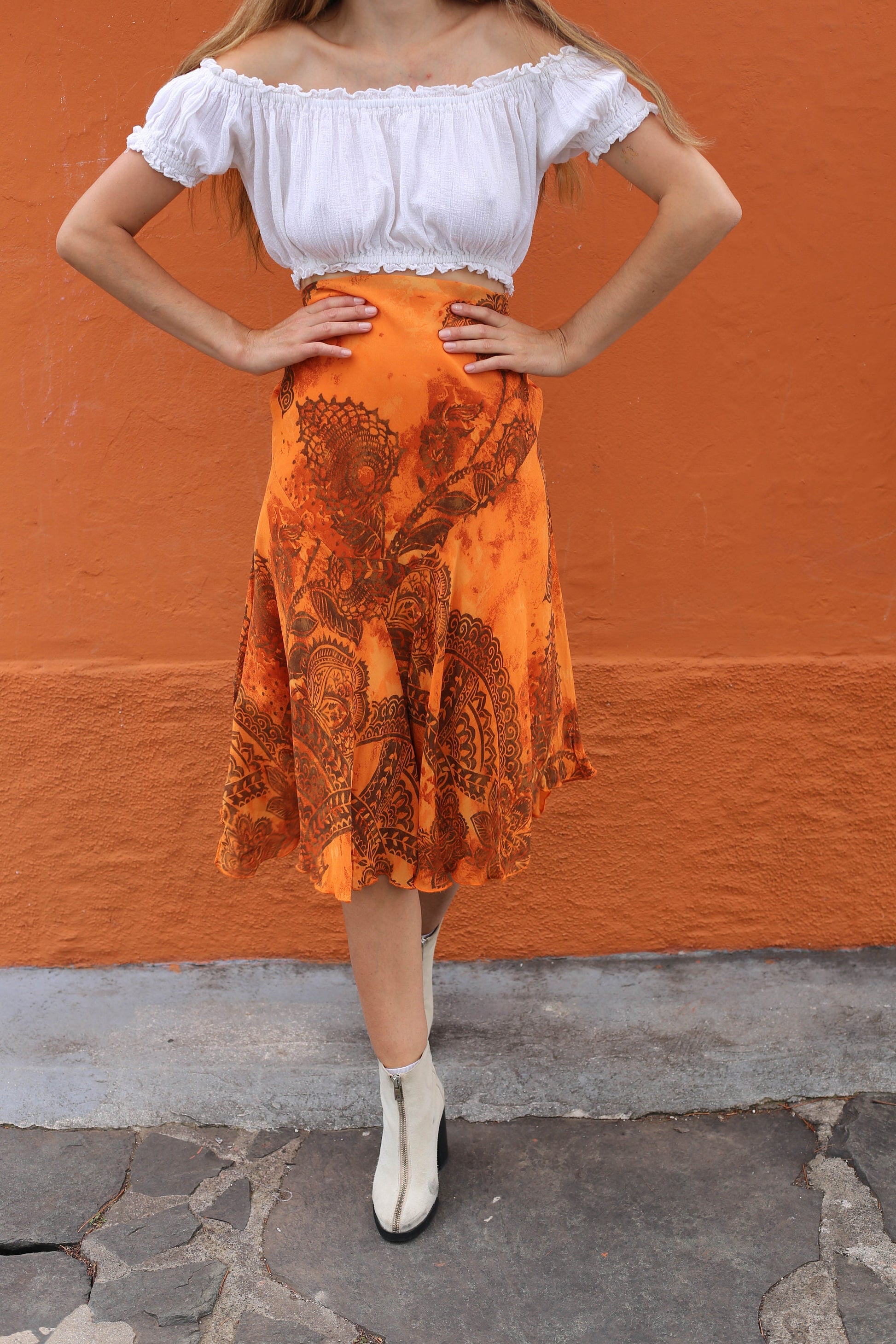 Y2K Vintage high waist midi skirt, 90s Orange Bohemian Skirt, High rise lightweight floral summer skirt