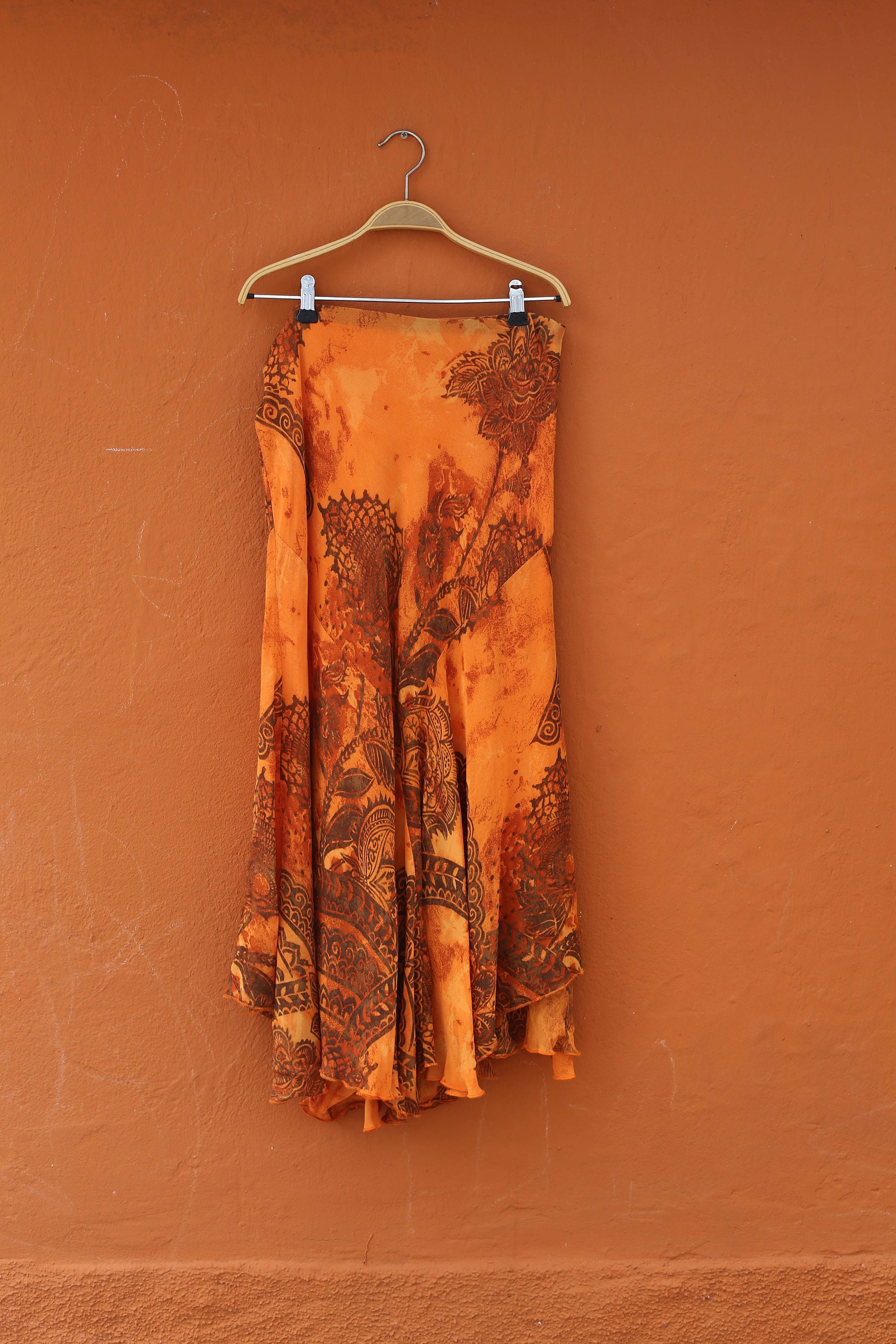 Y2K Vintage high waist midi skirt, 90s Orange Bohemian Skirt, High rise lightweight floral summer skirt