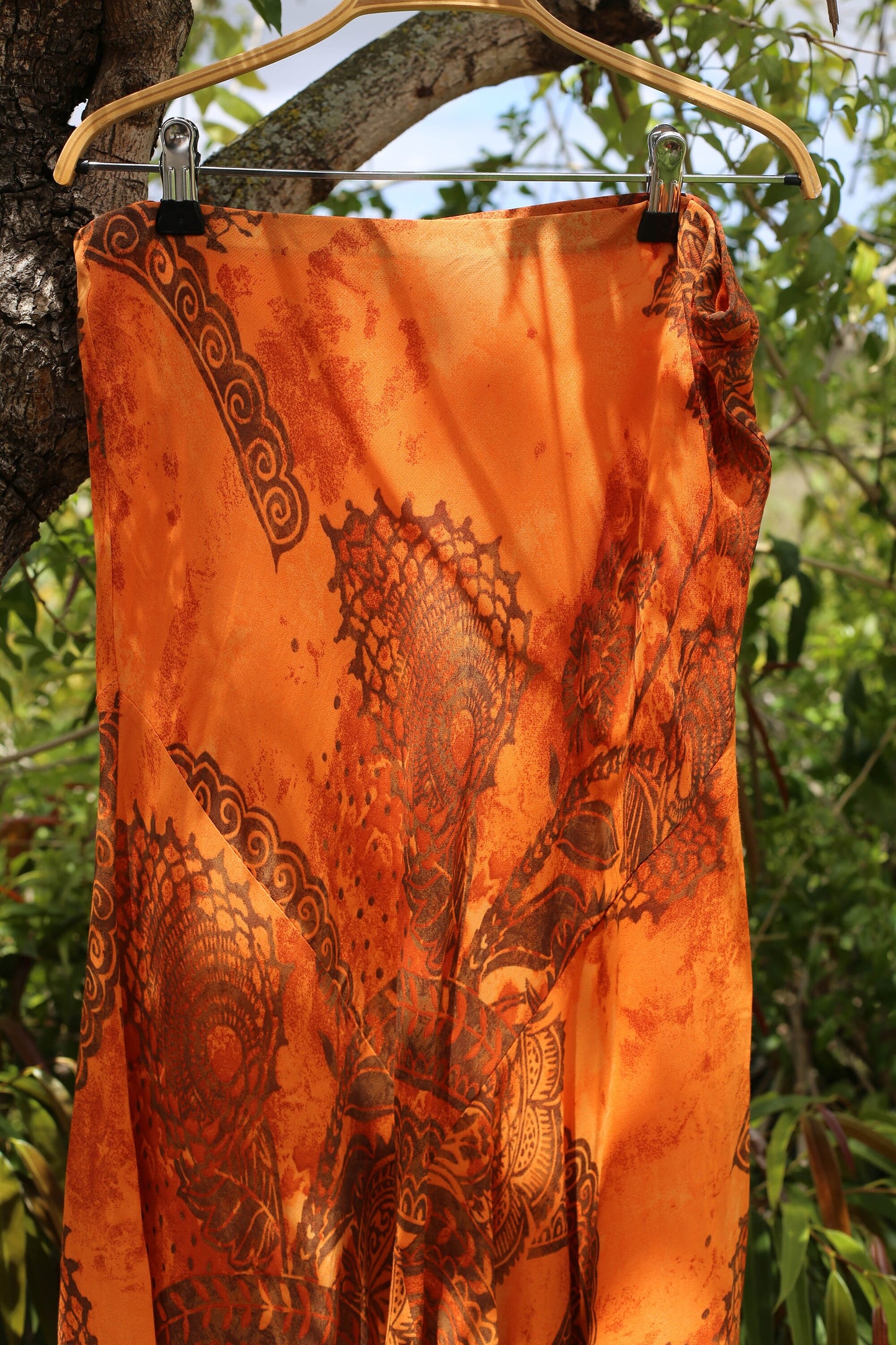 Y2K Vintage high waist midi skirt, 90s Orange Bohemian Skirt, High rise lightweight floral summer skirt