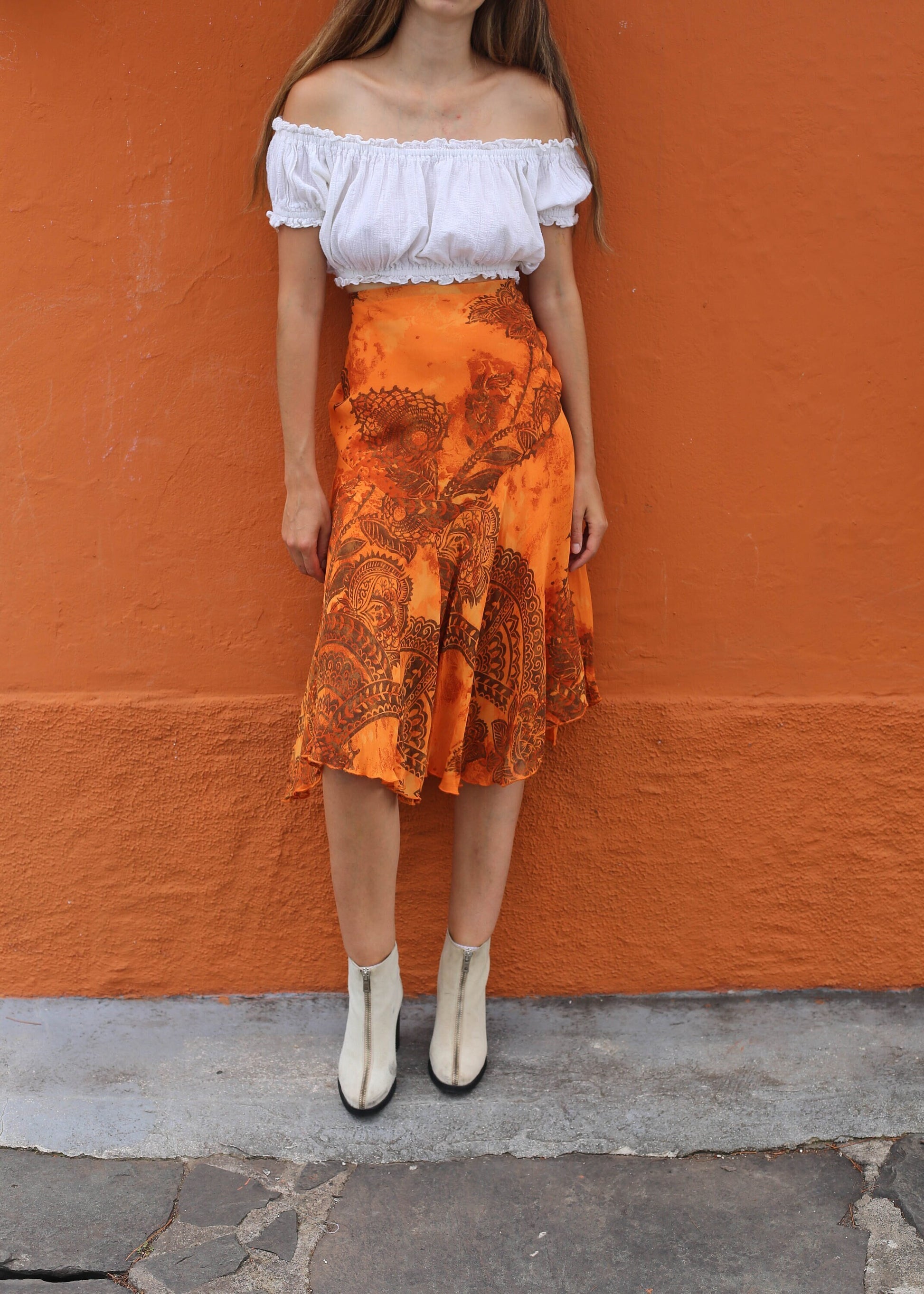 Y2K Vintage high waist midi skirt, 90s Orange Bohemian Skirt, High rise lightweight floral summer skirt