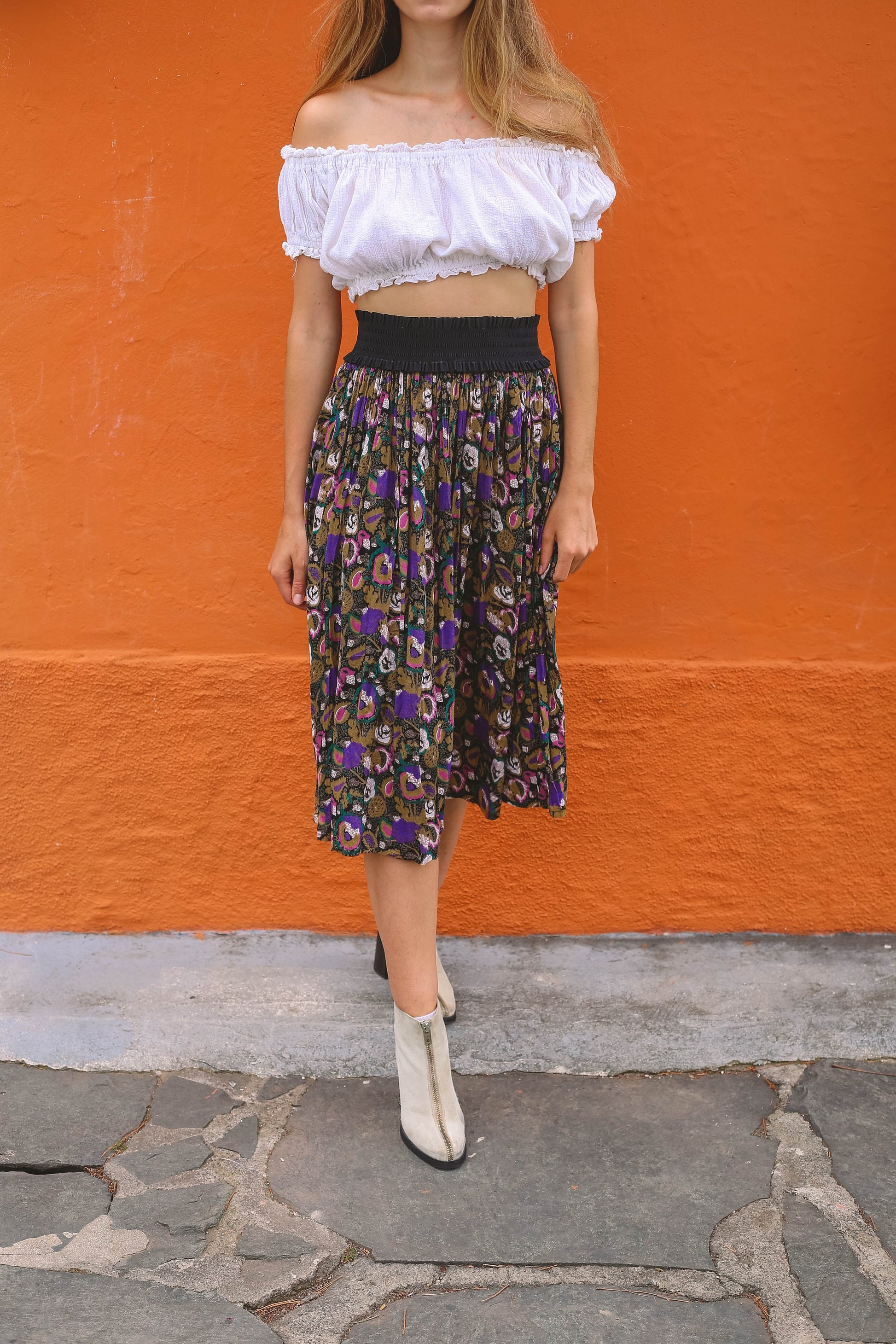 Vintage Boho Floral Skirt with Black High Waistband