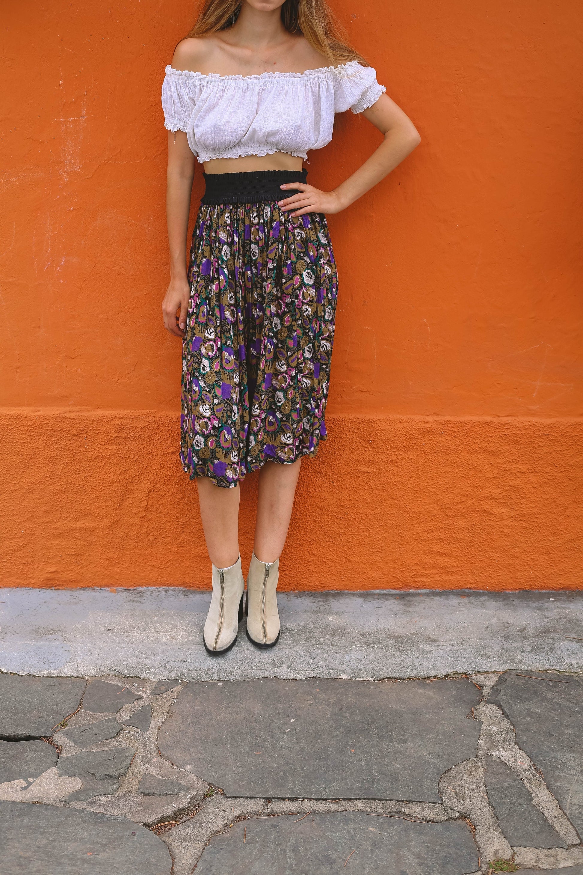 Vintage Boho Floral Skirt with Black High Waistband