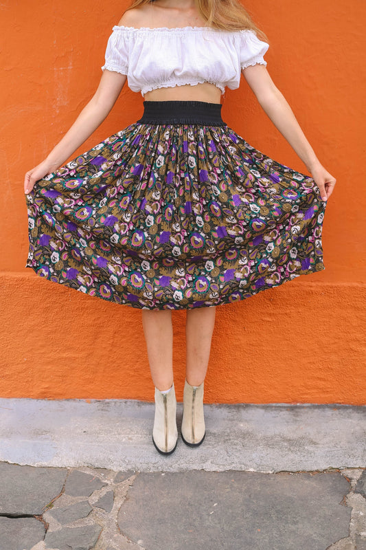 Vintage Boho Floral Skirt with Black High Waistband
