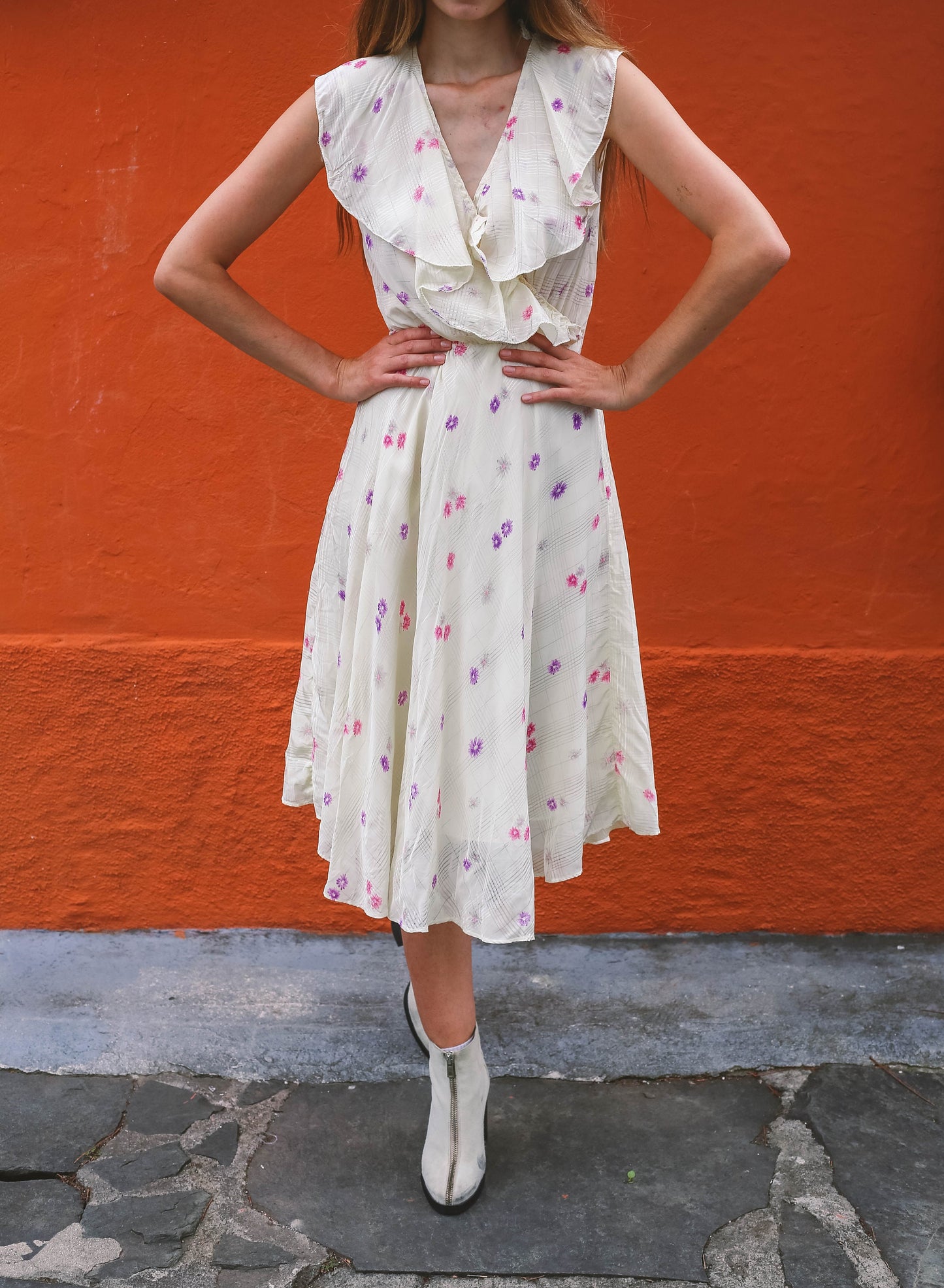 Vintage Handmade Floral Midi Dress with Ruffled V-Neckline, Wedding guest pastel dress,