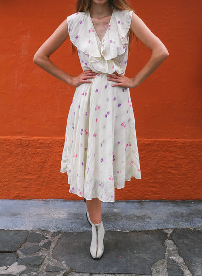 Vintage Handmade Floral Midi Dress with Ruffled V-Neckline, Wedding guest pastel dress,