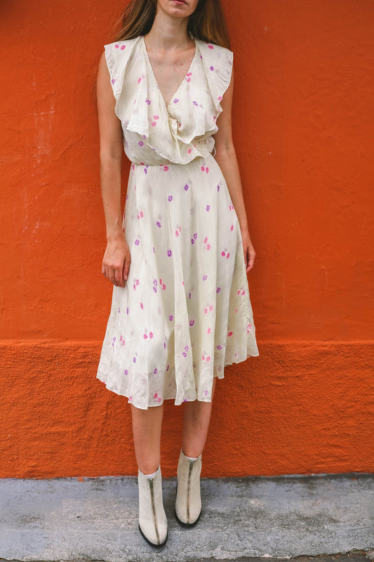 Vintage Handmade Floral Midi Dress with Ruffled V-Neckline, Wedding guest pastel dress,