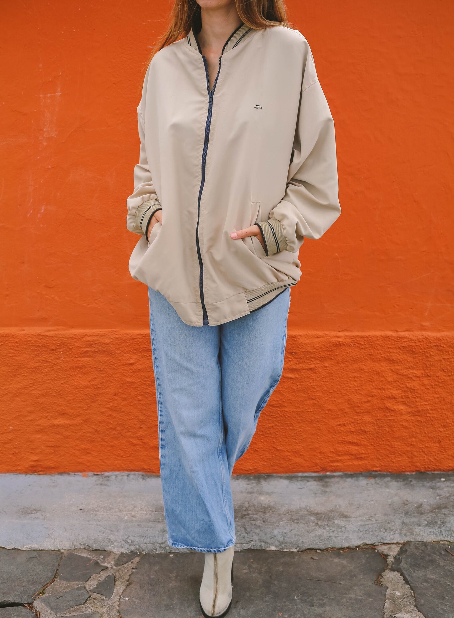 Vintage Lacoste Oversized Reversible Windbreaker Jacket, Men's XXL, Beige and Navy Blue, 80s 90s Fashion, Retro Sportswear